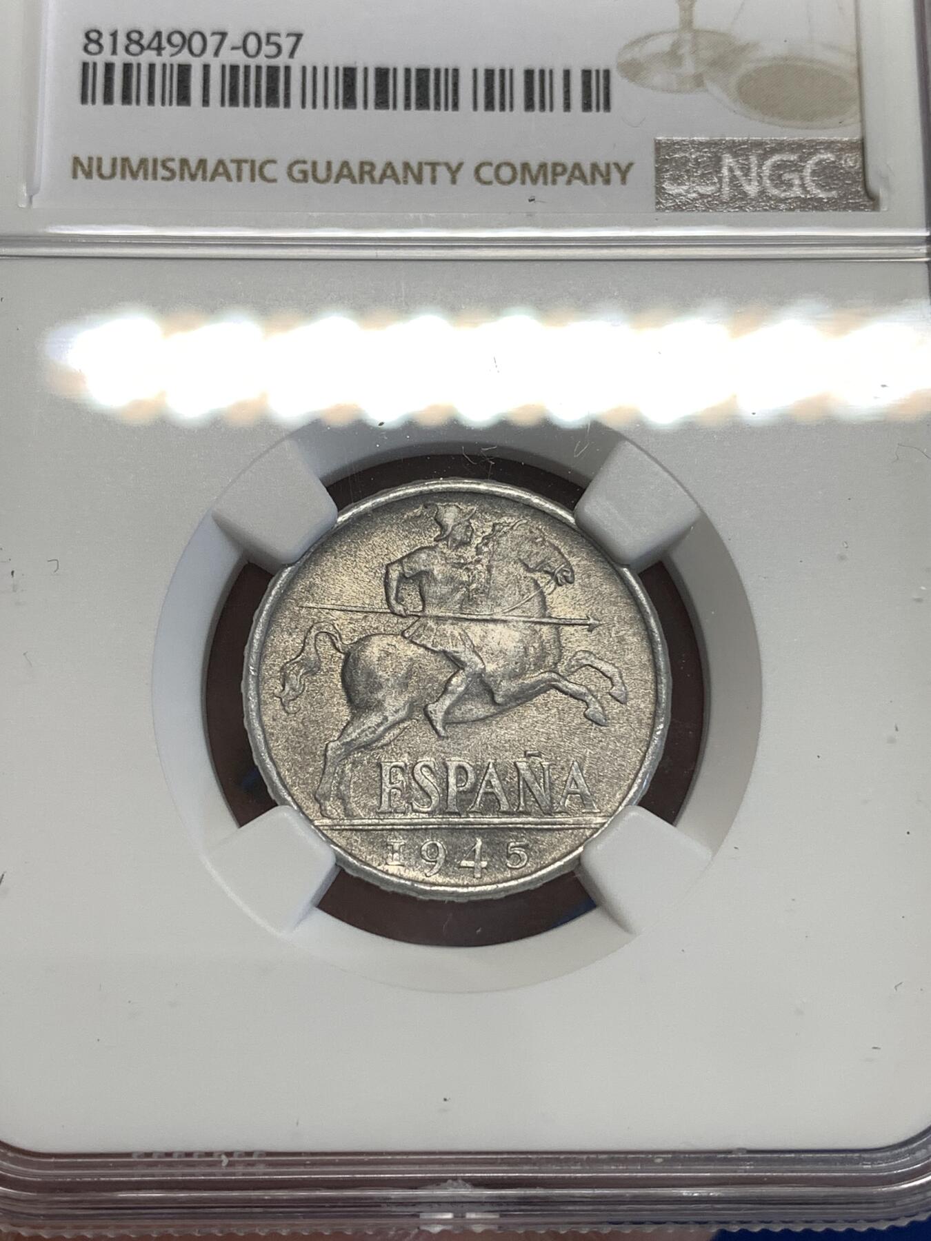 《竞宝斋》第288场-周六， 周日，周一 3场连拍 （全场包邮） NGC UNCD 西班牙1945年唐吉坷德勇士10分铝币