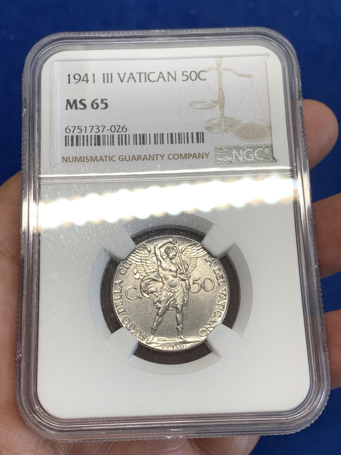 《竞宝斋》第288场-周六， 周日，周一 3场连拍 （全场包邮） NGC MS65 梵蒂冈1941年大天使50分 自藏高分