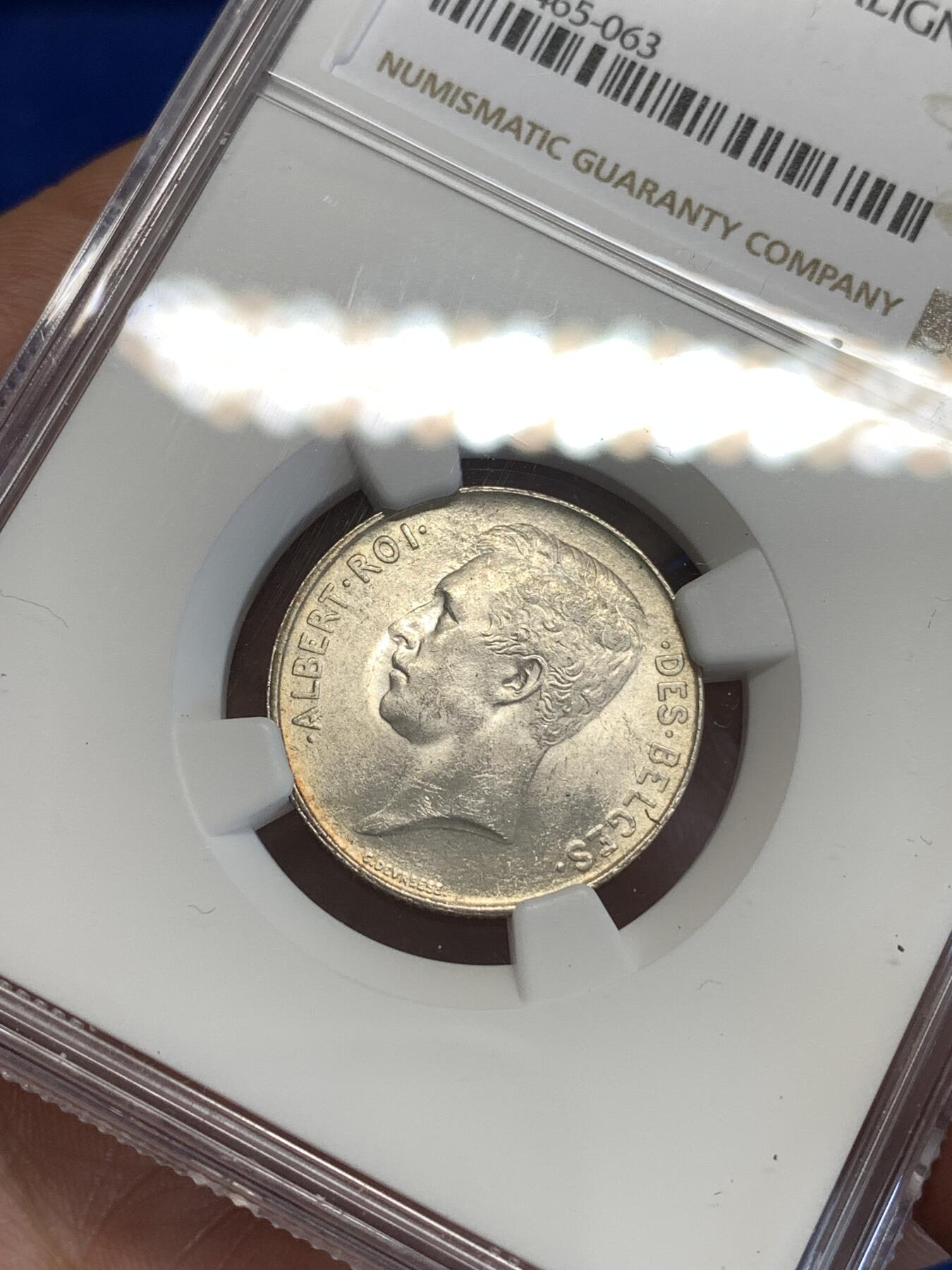 《竞宝斋》第288场-周六， 周日，周一 3场连拍 （全场包邮） NGC MS62 比利时 1914年 阿尔贝托国王 1法郎 银币