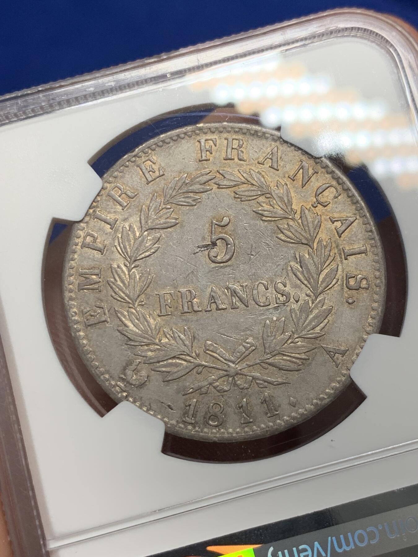 《竞宝斋》第288场-周六， 周日，周一 3场连拍 （全场包邮） NGC AU55 法国 拿破仑一世 1811年 5法郎银币 双面深打带光 包浆也不错