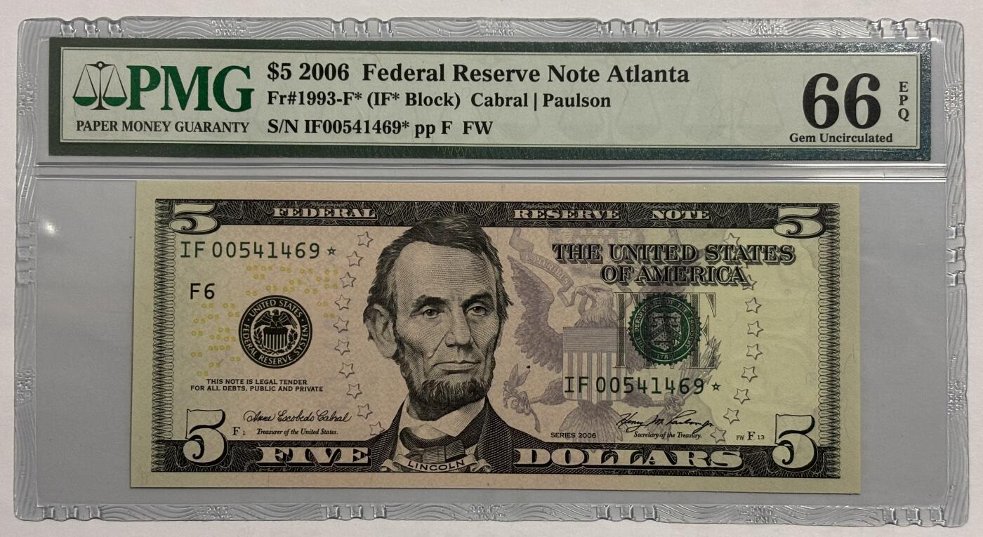 Chase Auction 第30期 - - 外钞、民国钞和人民币混合场！ 2006年 5美元 彩色版首发 转换年份版（同时有大头+彩色）星⭐补号 PMG老壳评级66EPQ