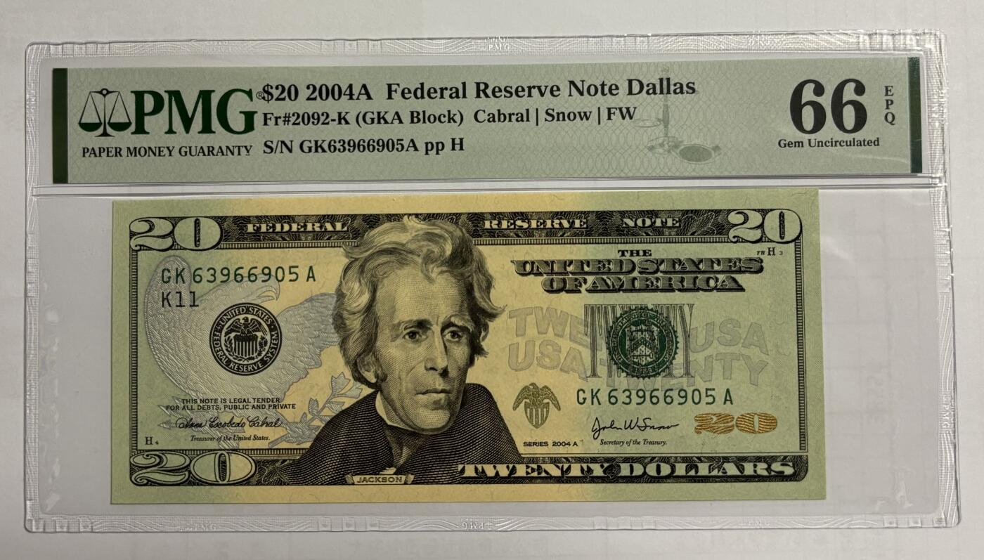Chase Auction 第30期 - - 外钞、民国钞和人民币混合场！ 2004A版 20美元 联邦储备券 彩色版 号码无47 PMG评级66EPQ
