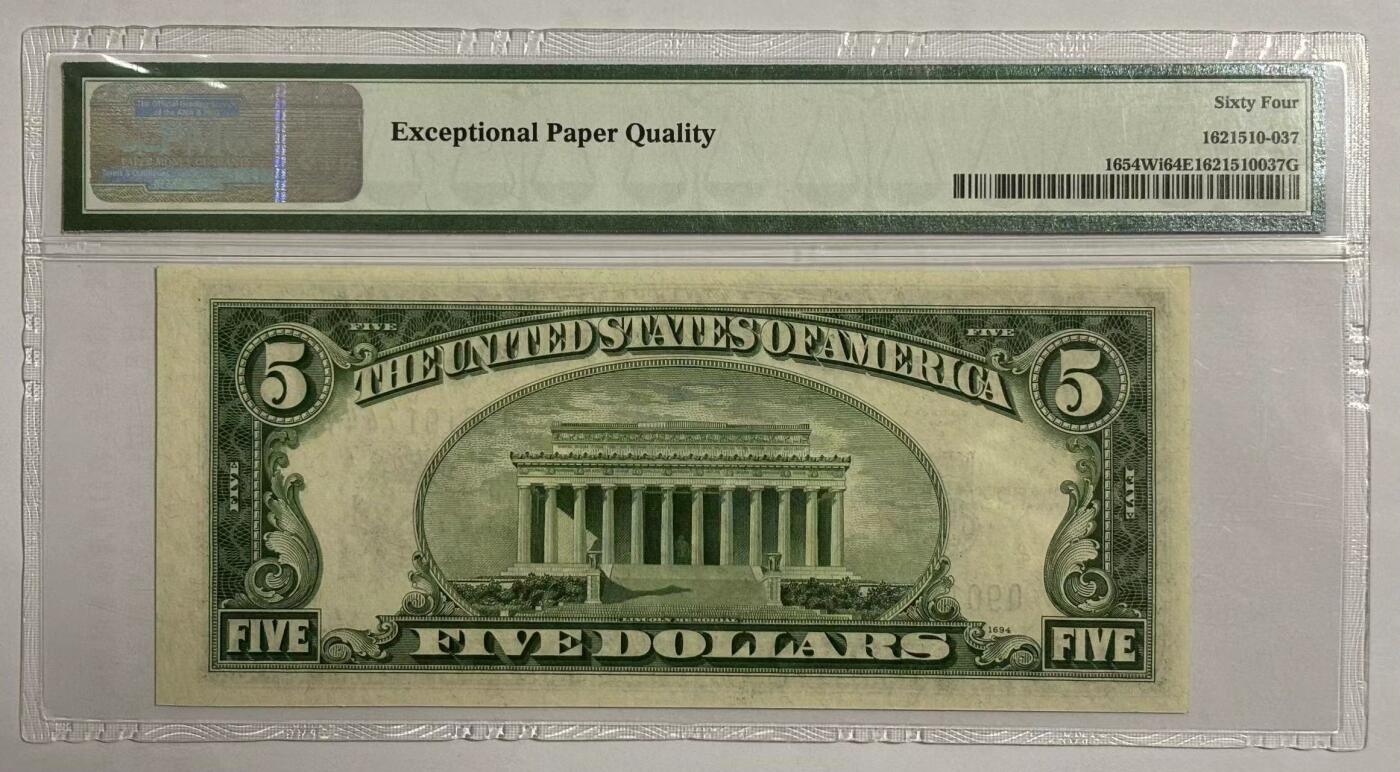Chase Auction 第30期 - - 外钞、民国钞和人民币混合场！ 1934D版 5美元 银币券 蓝色库印 Wide版 稀少 PMG老壳评级64EPQ