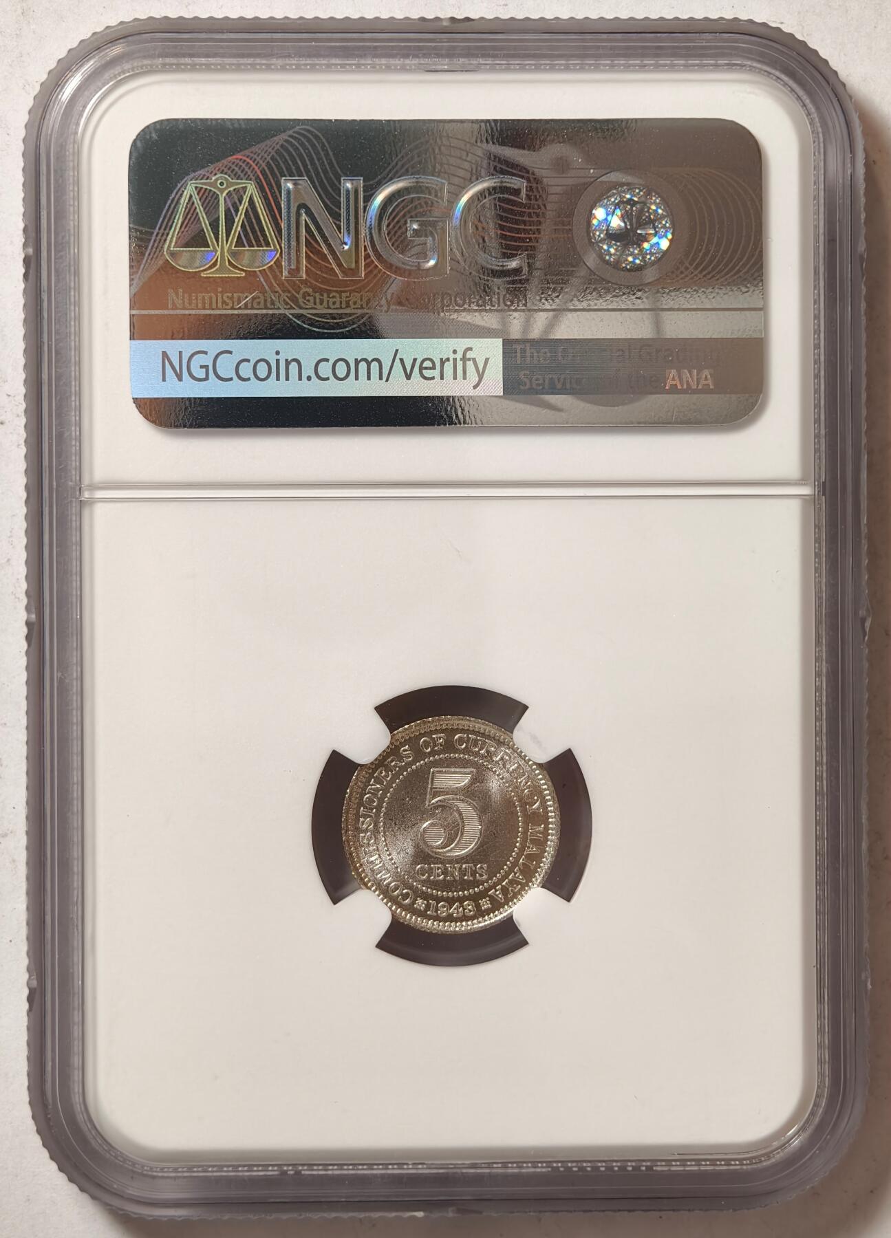 紫瑗钱币——第458期 马来亚 1943年 乔治六世 5分 银币 NGC MS64