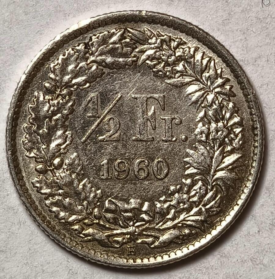 紫瑗钱币——第382期拍卖 瑞士  1960年 B版  赫尔维蒂女神 1/2法郎  2.5克 0.835银 UNC