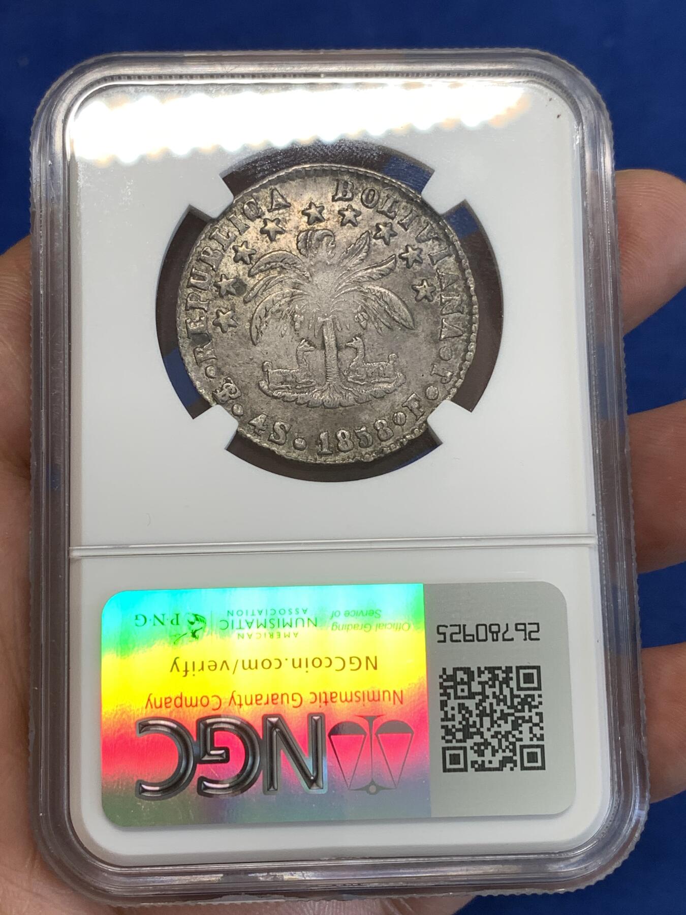 《竞宝斋》第288场-周六， 周日，周一 3场连拍 （全场包邮） NGC AUD 玻利维亚1858年羊驼4索尔银币 细节近乎完美 高点无磨损 原状态未清洗 严评无分