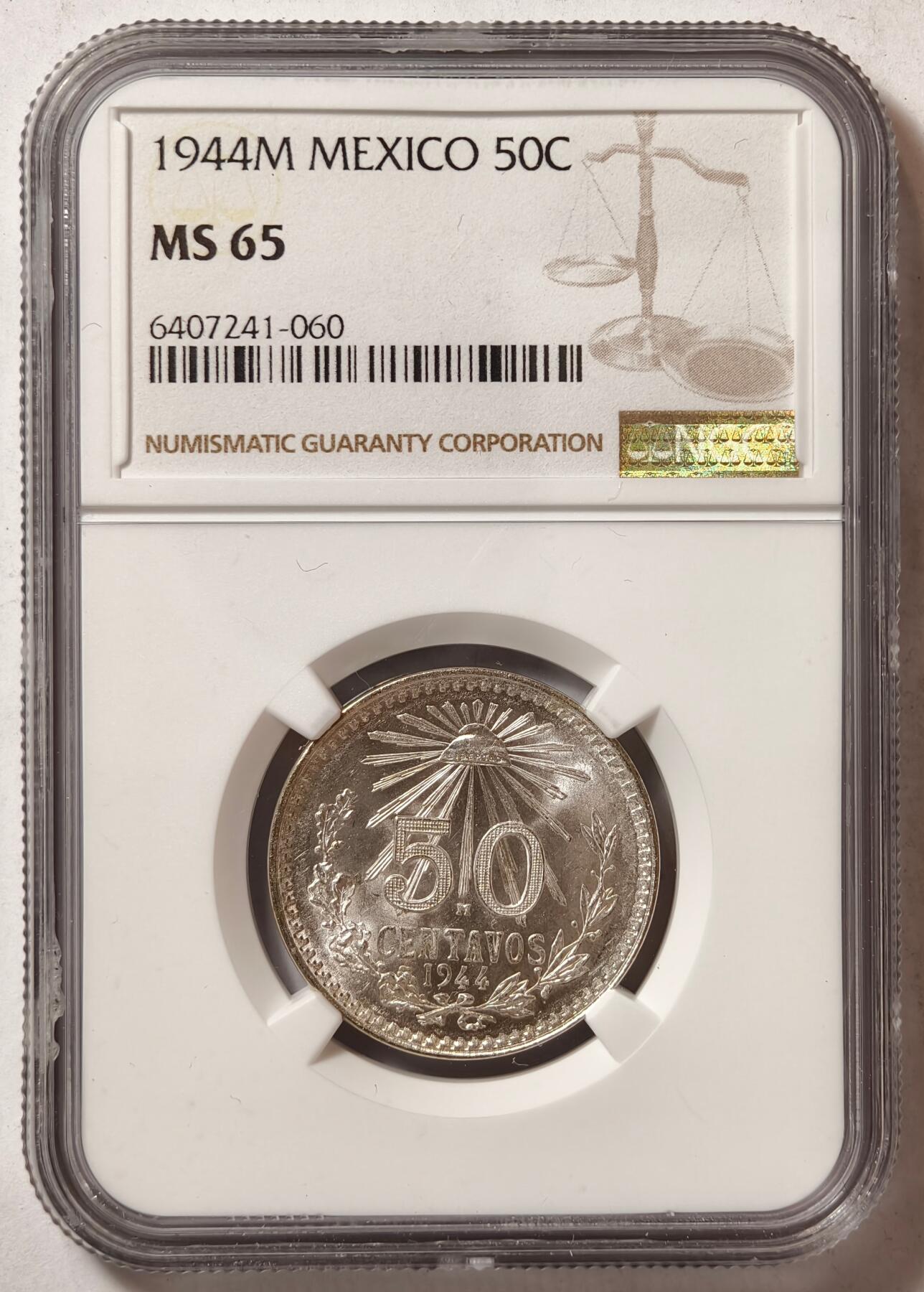 紫瑗钱币——第382期拍卖 墨西哥 1944年 M版 鹰洋 50分 银币 NGC MS65