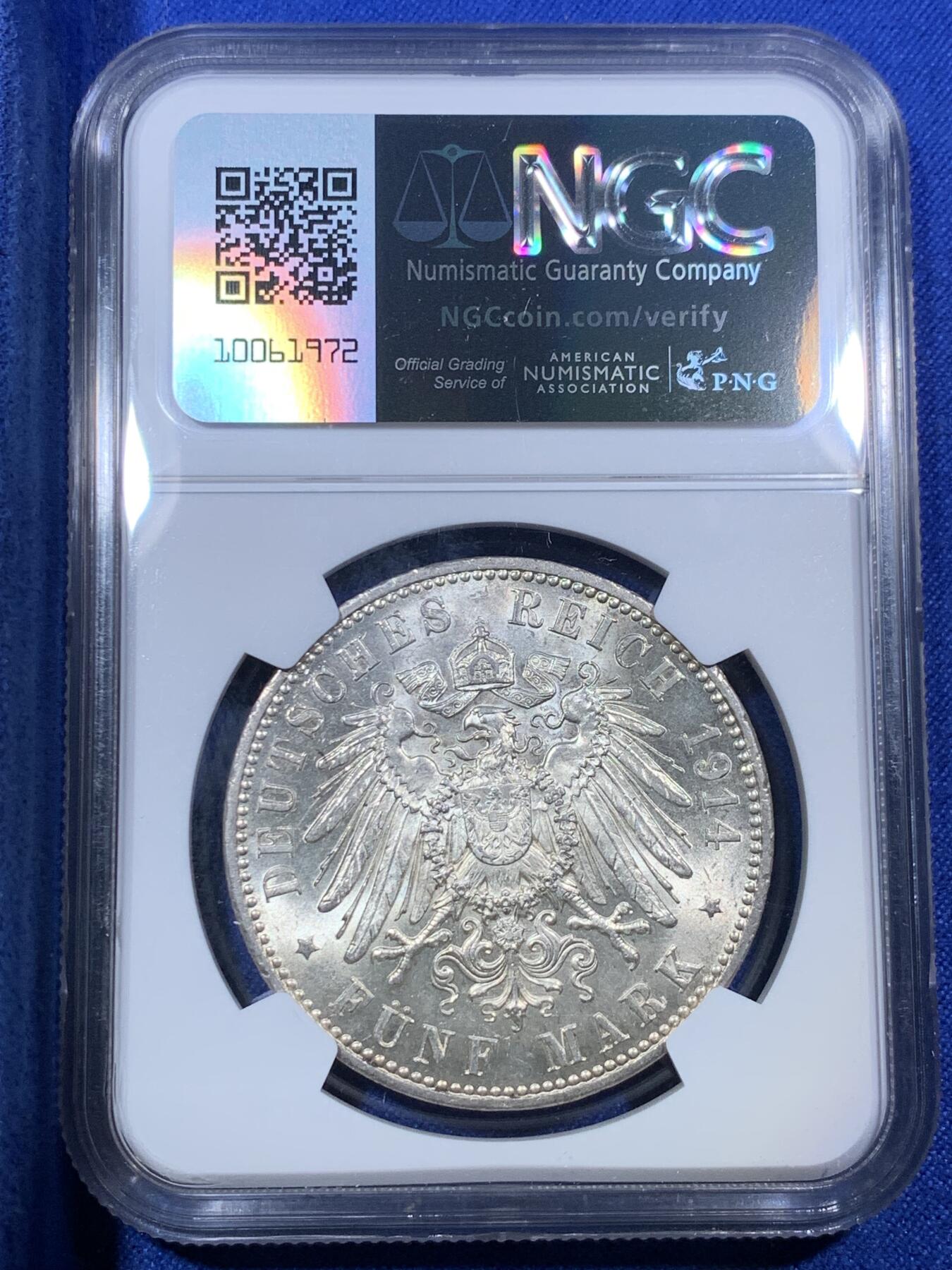 《竞宝斋》第288场-周六， 周日，周一 3场连拍 （全场包邮） NGC AU55 德国 普鲁士1914年威廉二世5马克 光感很好