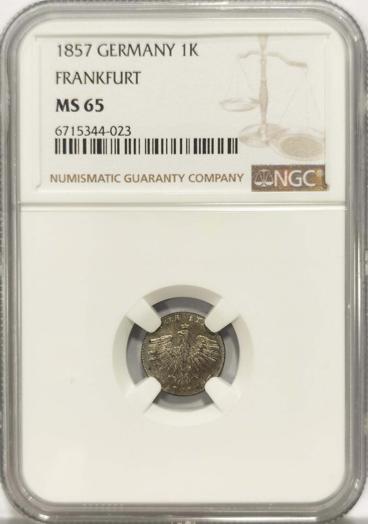博洋堂世界钱币拍卖第084期（全场包邮） NGC MS65 冠军分！德国法兰克福1857年1克鲁泽小银币