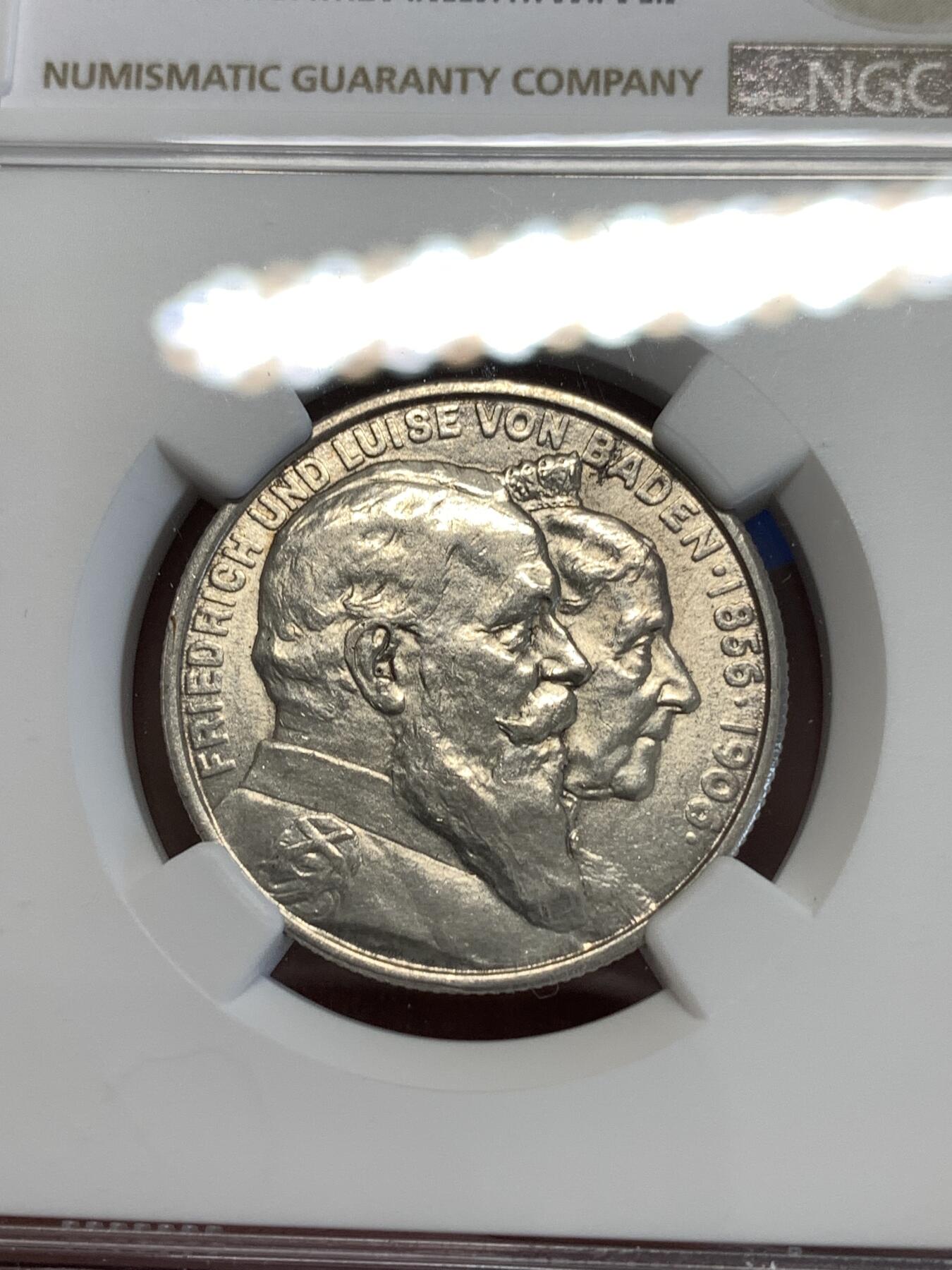 《竞宝斋》第288场-周六， 周日，周一 3场连拍 （全场包邮） NGC UNC 巴登1906金婚2马克纪念银币 转光不错 严评无分 性价比高