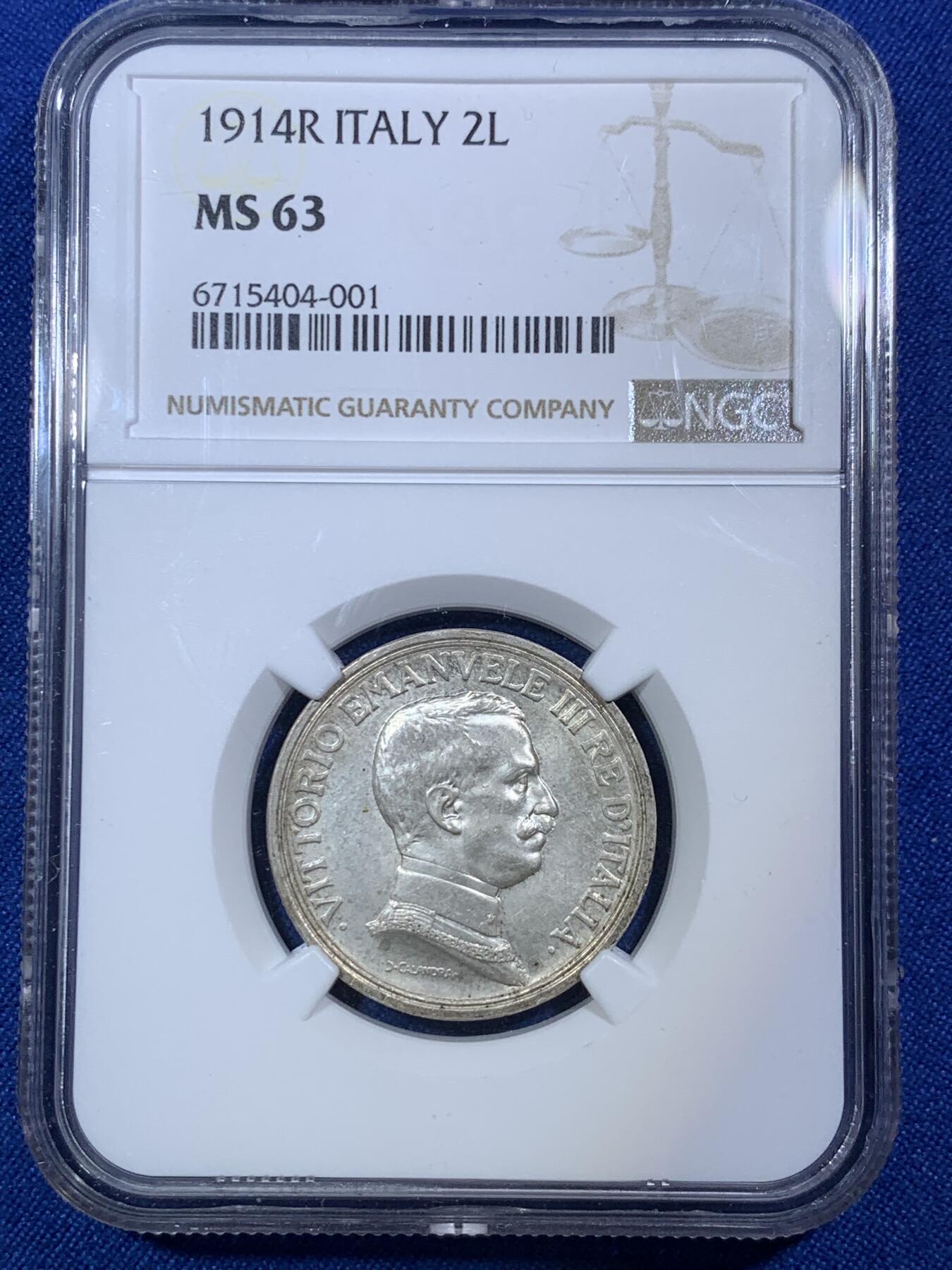 《竞宝斋》第288场-周六， 周日，周一 3场连拍 （全场包邮） NGC MS63 意大利1914年埃曼努埃莱三世四驾马车2里拉