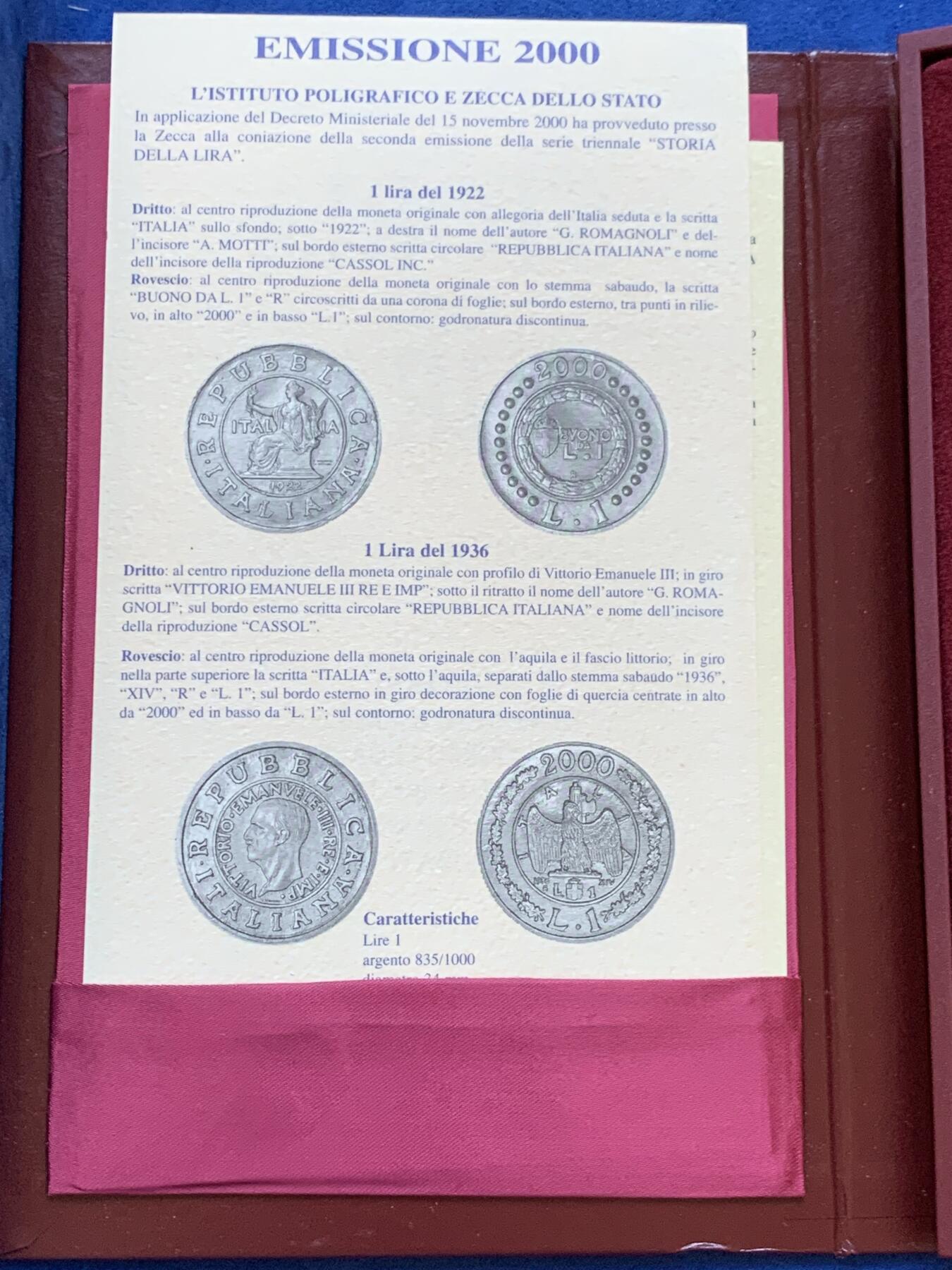 《竞宝斋》第288场-周六， 周日，周一 3场连拍 （全场包邮） 意大利6枚装纪念套币 1999年1里拉两枚+2000年1里拉两枚+2001年1里拉两枚 跨世纪 全品盒证全