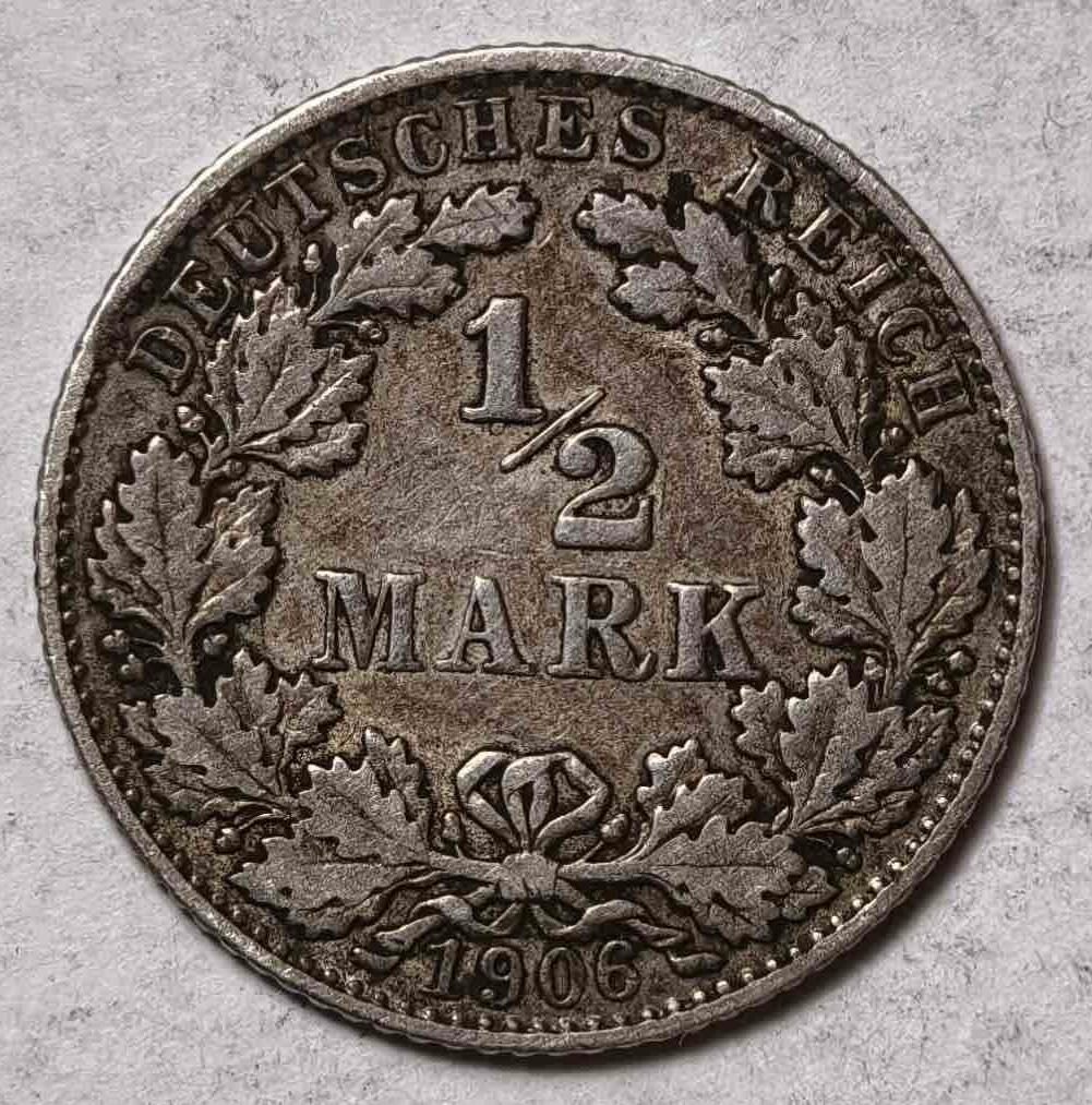 紫瑗钱币——第382期拍卖 德国 1906年 D版 第二帝国  1/2马克 银币 2.77克 0.9银