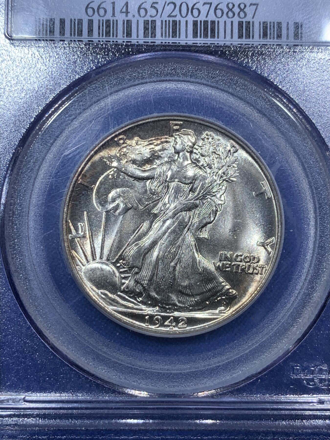 《竞宝斋》第288场-周六， 周日，周一 3场连拍 （全场包邮） PCGS MS65 美国1942年行走女神50美分 原味包浆 转光清晰状态好