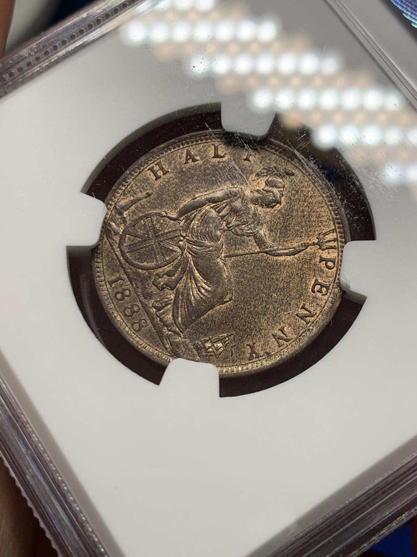 《竞宝斋》第288场-周六， 周日，周一 3场连拍 （全场包邮） NGC MS63BN 英国1888年小维半便士铜币 吉祥年份 N盒季军分 更高分只有8枚 少见铜币