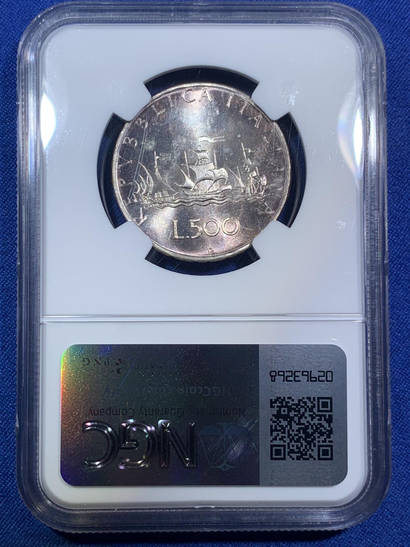 《竞宝斋》第288场-周六， 周日，周一 3场连拍 （全场包邮） NGC MS66 意大利1970美女帆船500里拉银币