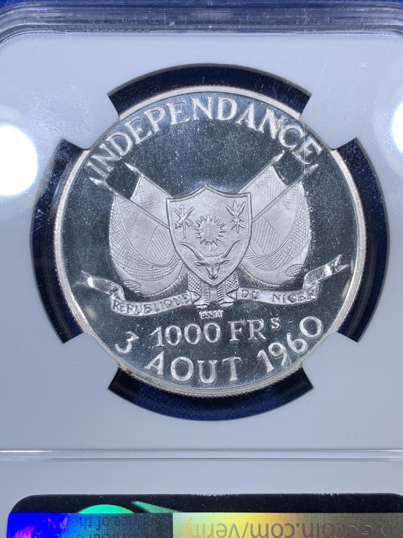 《竞宝斋》第288场-周六， 周日，周一 3场连拍 （全场包邮） NGC PF66UC 1960年尼日尔1000法郎精制样币 少见高分尼日尔精制样币 精制镜面