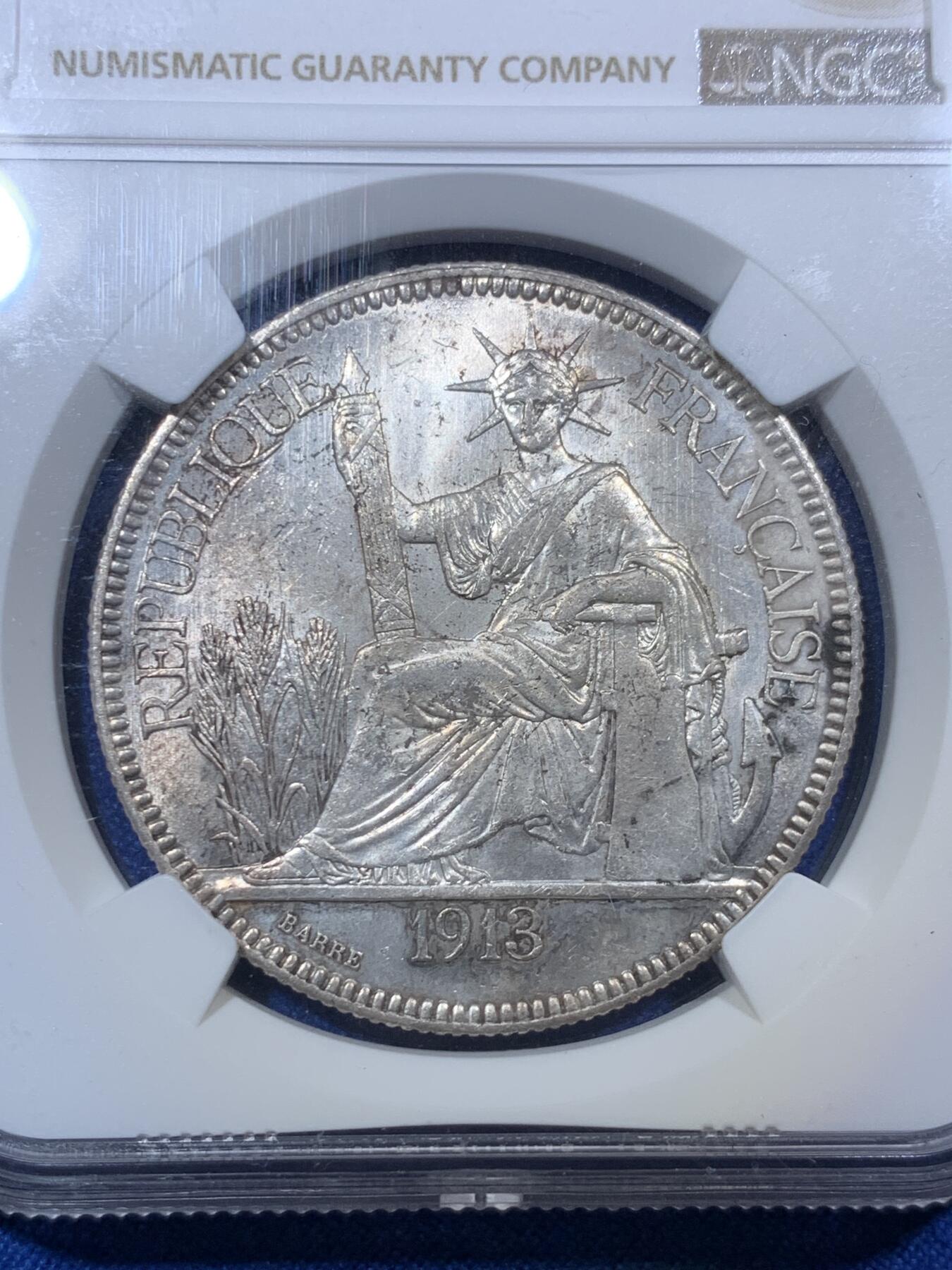 《竞宝斋》第288场-周六， 周日，周一 3场连拍 （全场包邮） NGC UNCD 法属印支1913坐洋 正面清洗 严评 光度一流