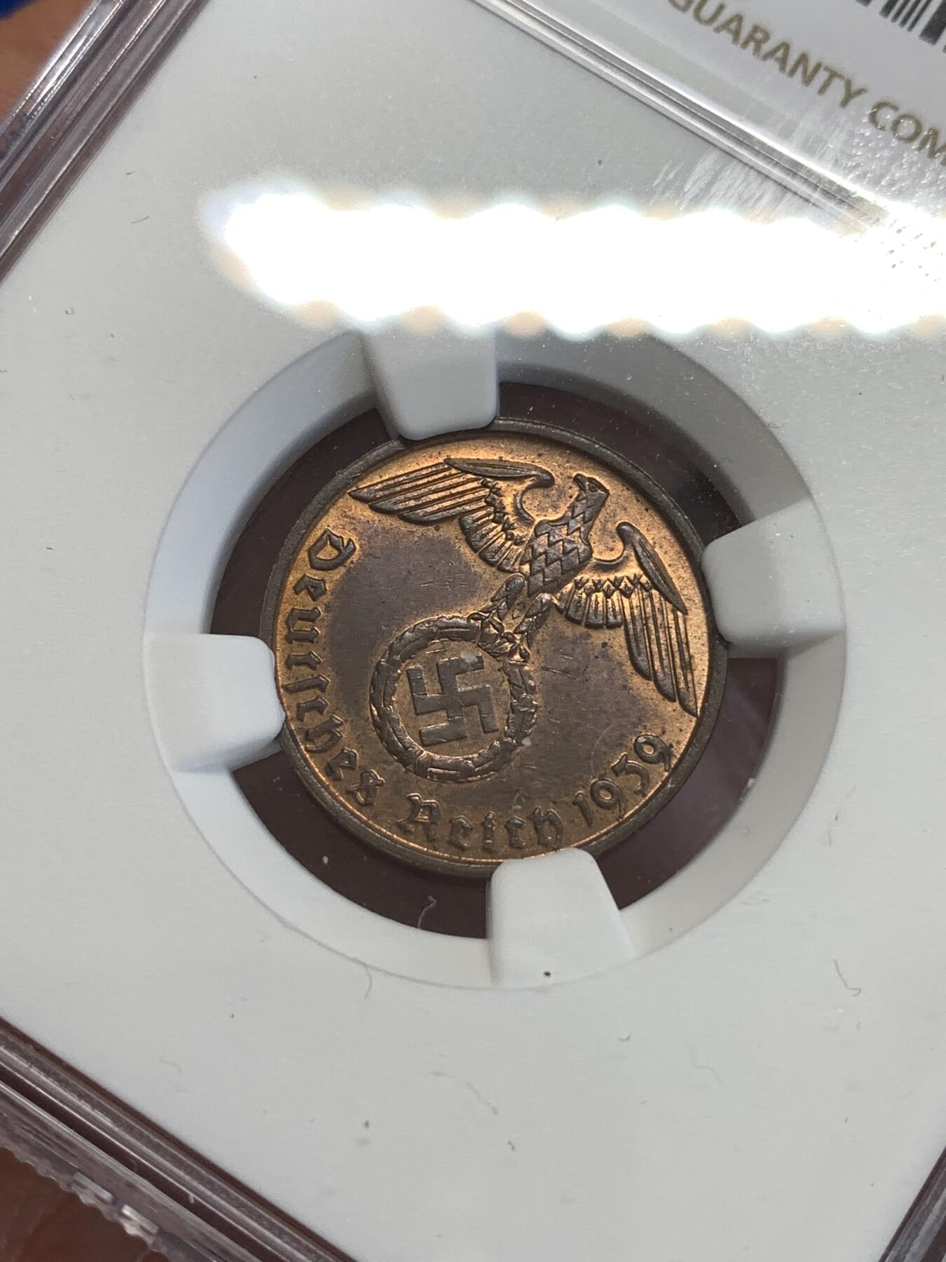 《竞宝斋》第288场-周六， 周日，周一 3场连拍 （全场包邮） NGC MS63RB 1939B德意志第三帝国2芬尼铜币