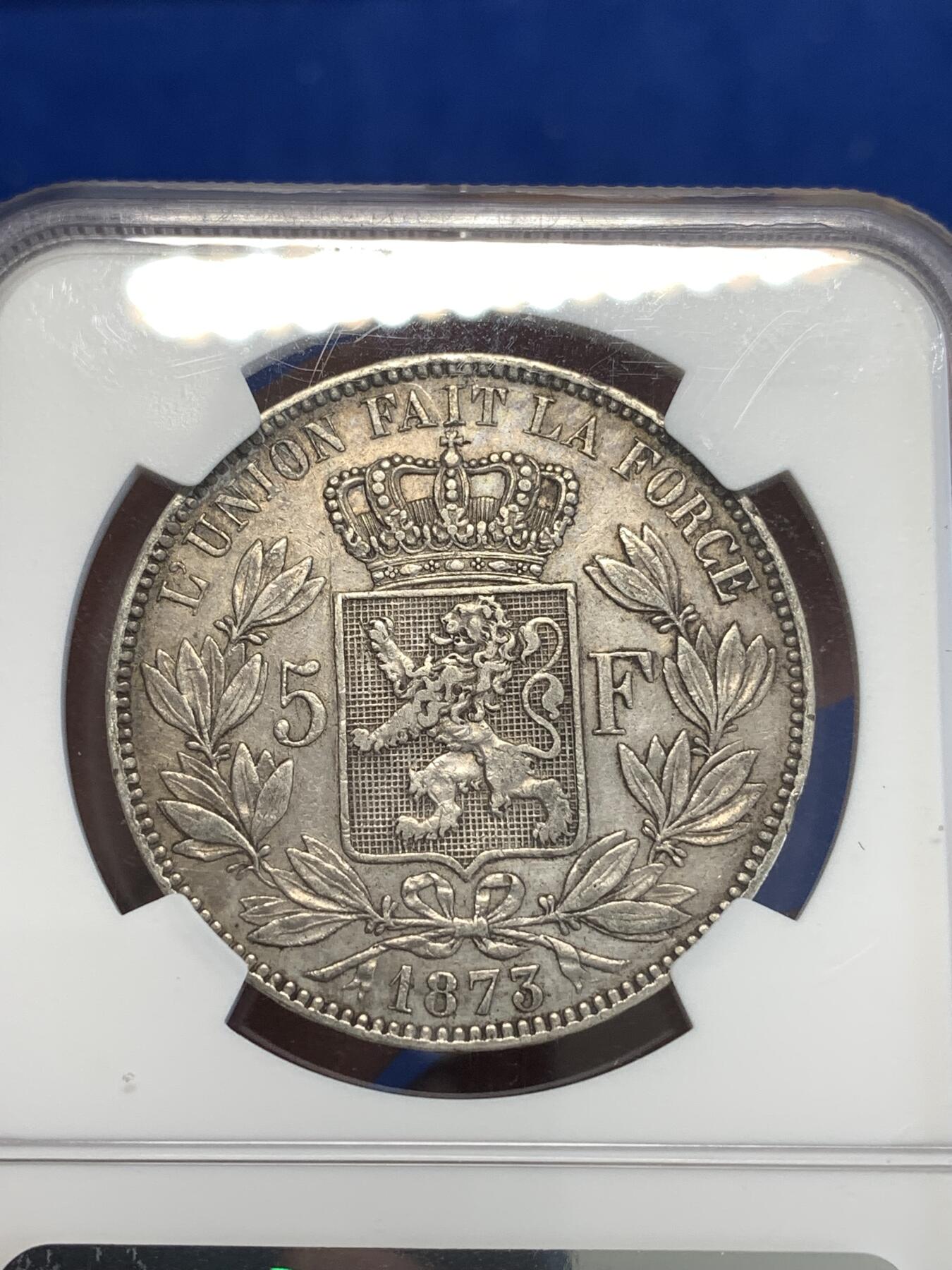 《竞宝斋》第288场-周六， 周日，周一 3场连拍 （全场包邮） NGC AUD 比利时1873年利奥波德二世5法郎银币