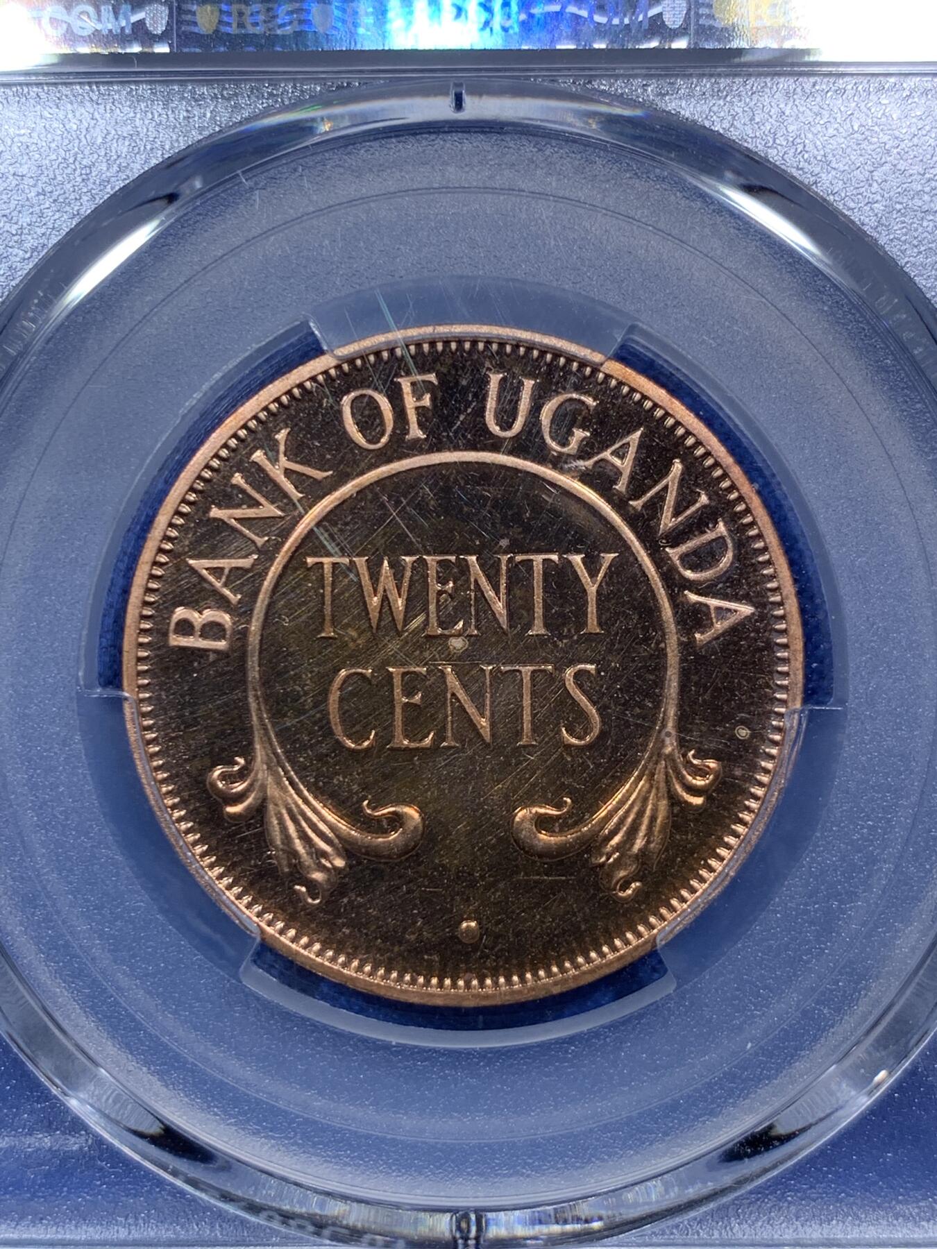 《竞宝斋》第288场-周六， 周日，周一 3场连拍 （全场包邮） PCGS金盾 PR66RD CAM 乌干达1966年首年20分精制铜币