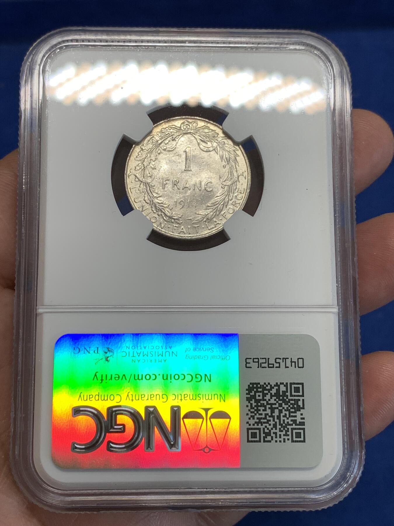 《竞宝斋》第288场-周六， 周日，周一 3场连拍 （全场包邮） NGC MS62 比利时 1914年 阿尔贝托国王 1法郎 银币