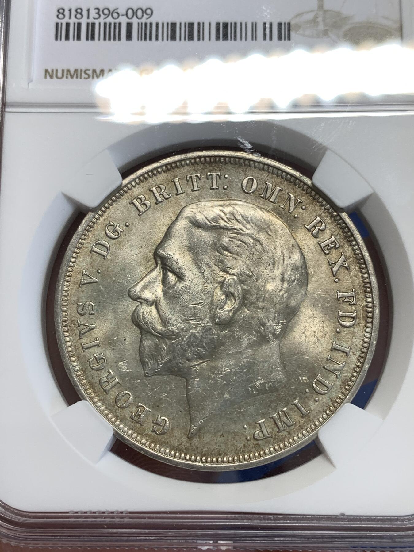 《竞宝斋》第288场-周六， 周日，周一 3场连拍 （全场包邮） NGC MS62 英国1935年乔治五世木马剑1克朗银币