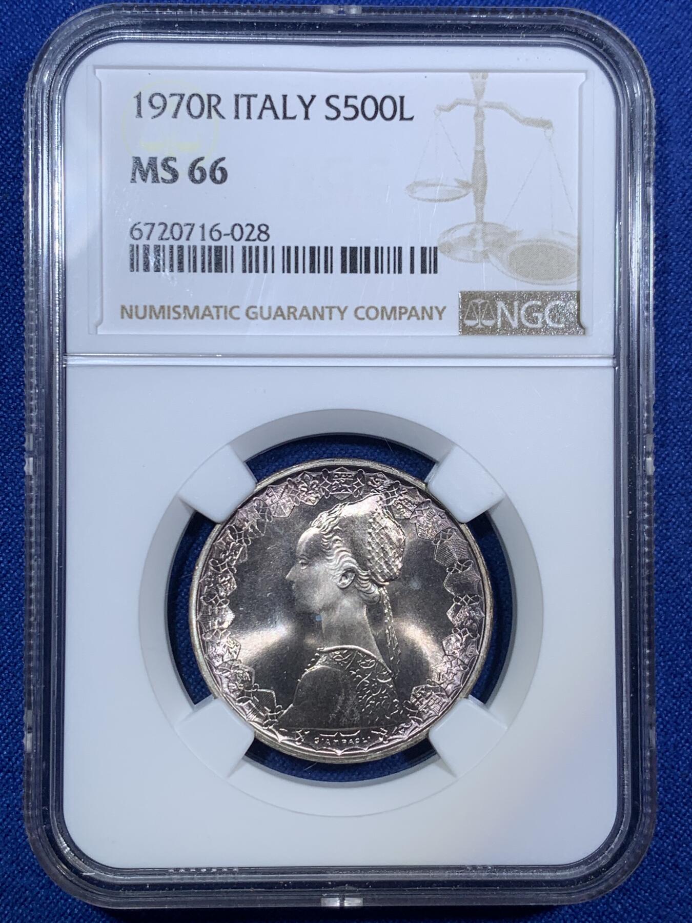 《竞宝斋》第288场-周六， 周日，周一 3场连拍 （全场包邮） NGC MS66 意大利1970美女帆船500里拉银币