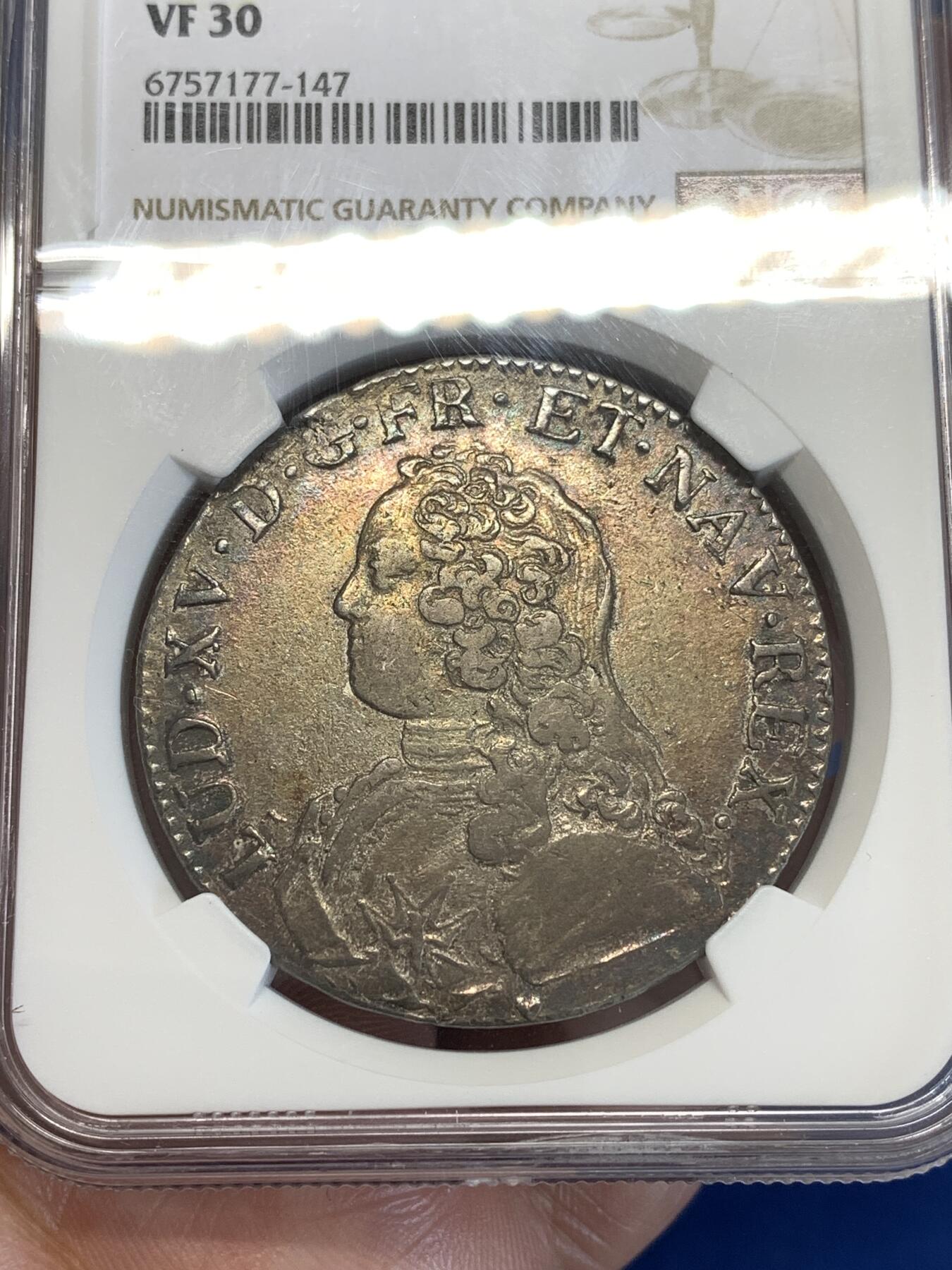 《竞宝斋》第288场-周六， 周日，周一 3场连拍 （全场包邮） NGC VF30 法国1727年路易十五埃居大银 金彩包浆 唯一冠军分