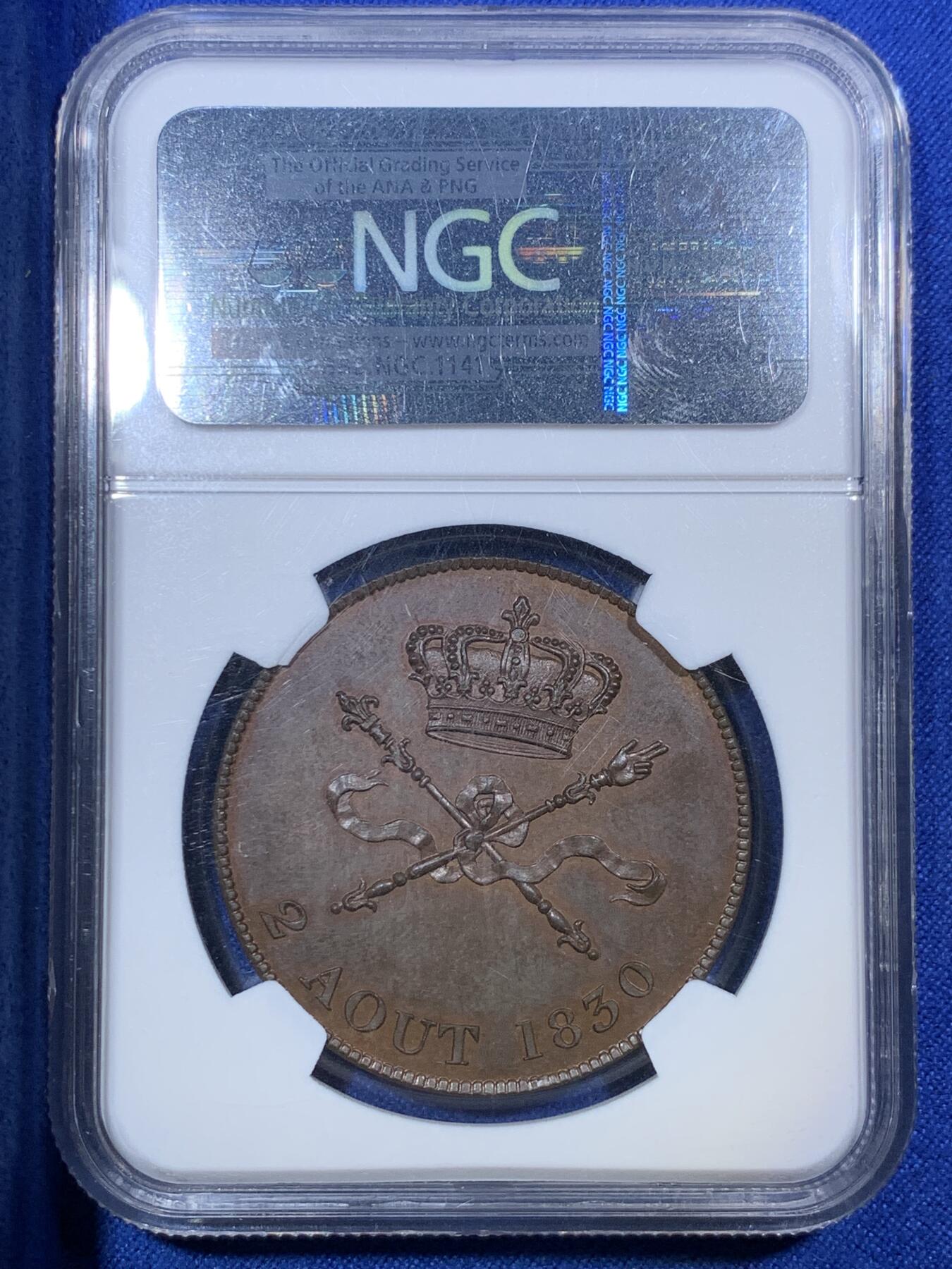 《竞宝斋》第288场-周六， 周日，周一 3场连拍 （全场包邮） NGC MS63BN 法国1830年亨利五世5法郎铜样币  丝滑巧克力，老N盒保障。仅仅在位7天的小国王，铸造精良，意义非凡。银样MS已过五位数，铜样极富潜力