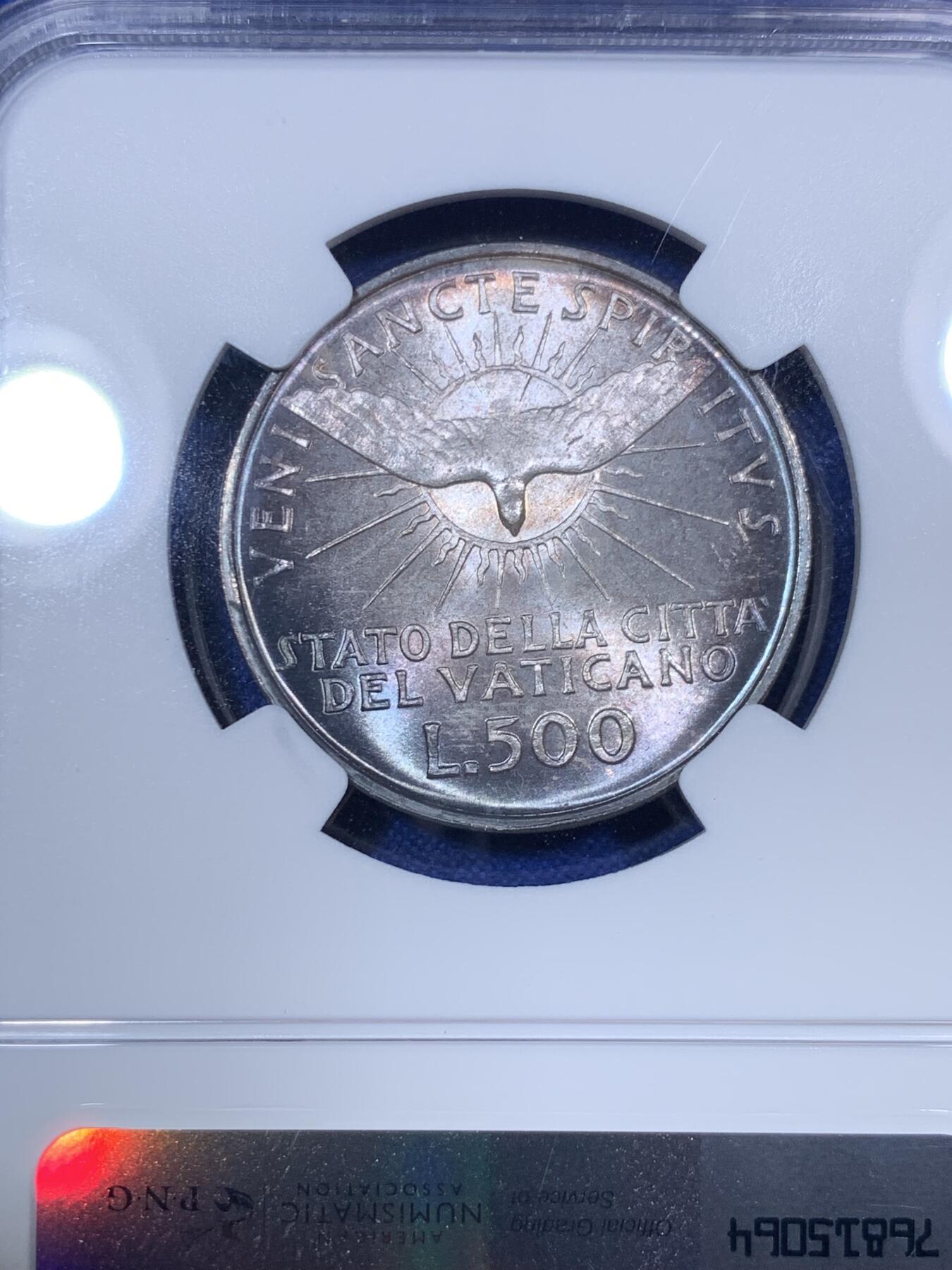 《竞宝斋》第288场-周六， 周日，周一 3场连拍 （全场包邮） NGC MS64 梵蒂冈1958年教皇缺位500里拉银币