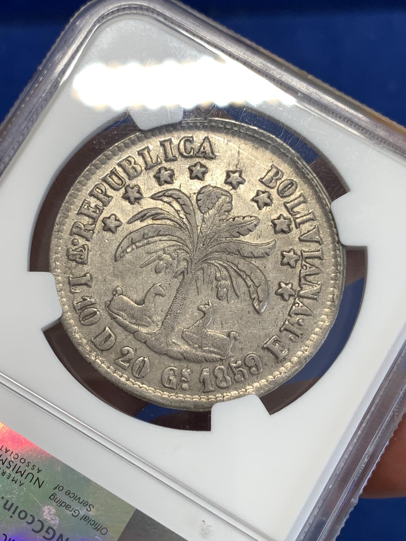 《竞宝斋》第288场-周六， 周日，周一 3场连拍 （全场包邮） NGC XF45 玻利维亚1859年玻利瓦尔头像8索尔银币