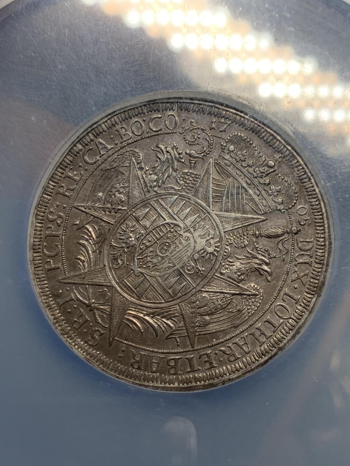 《竞宝斋》第288场-周六， 周日，周一 3场连拍 （全场包邮） NGC AUD 波西米亚王国1705奥洛穆茨主教区 泰勒大银币 细节很不错  大盒封装