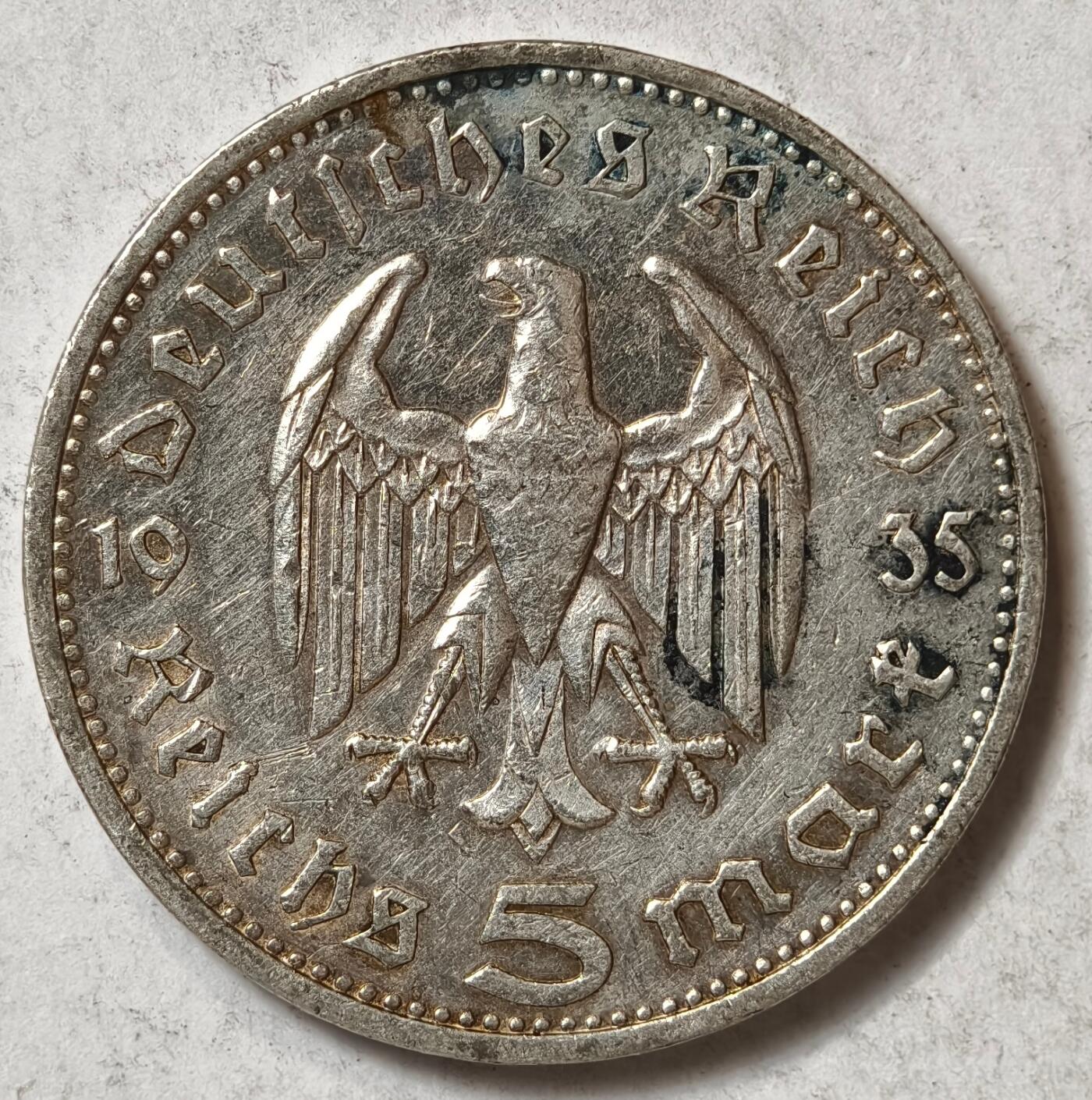 紫瑗钱币——第382期拍卖 德国 1935年 G版 兴登堡  5马克 13.9克 0.9银