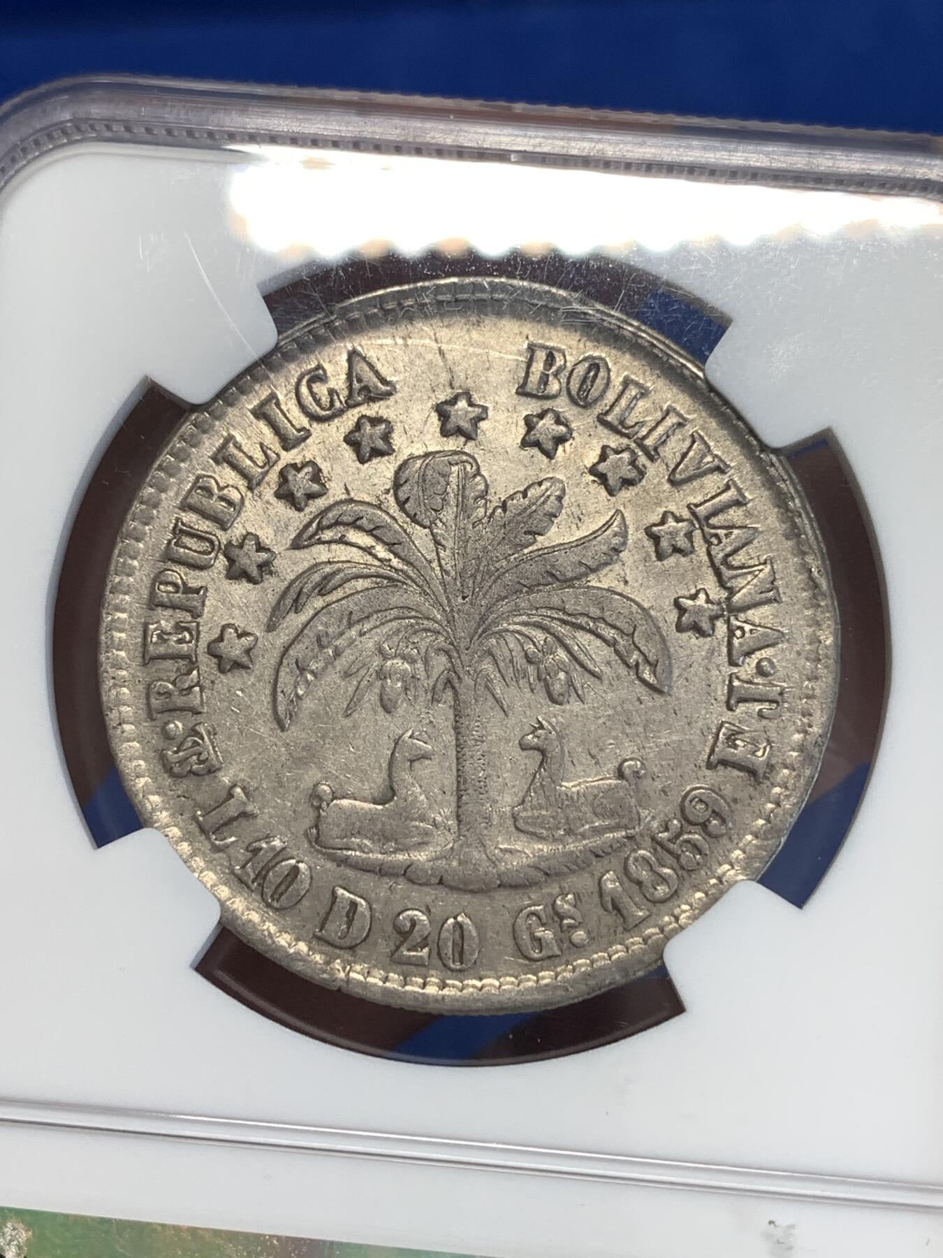 《竞宝斋》第288场-周六， 周日，周一 3场连拍 （全场包邮） NGC XF45 玻利维亚1859年玻利瓦尔头像8索尔银币