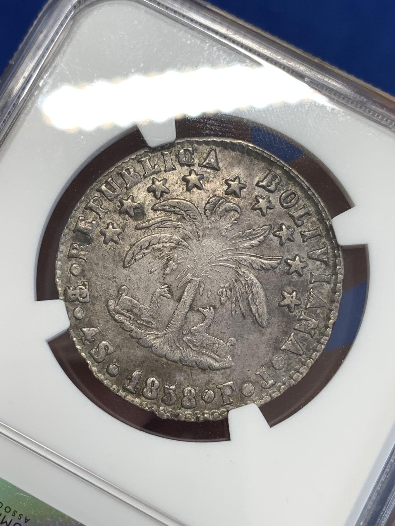 《竞宝斋》第288场-周六， 周日，周一 3场连拍 （全场包邮） NGC AUD 玻利维亚1858年羊驼4索尔银币 细节近乎完美 高点无磨损 原状态未清洗 严评无分