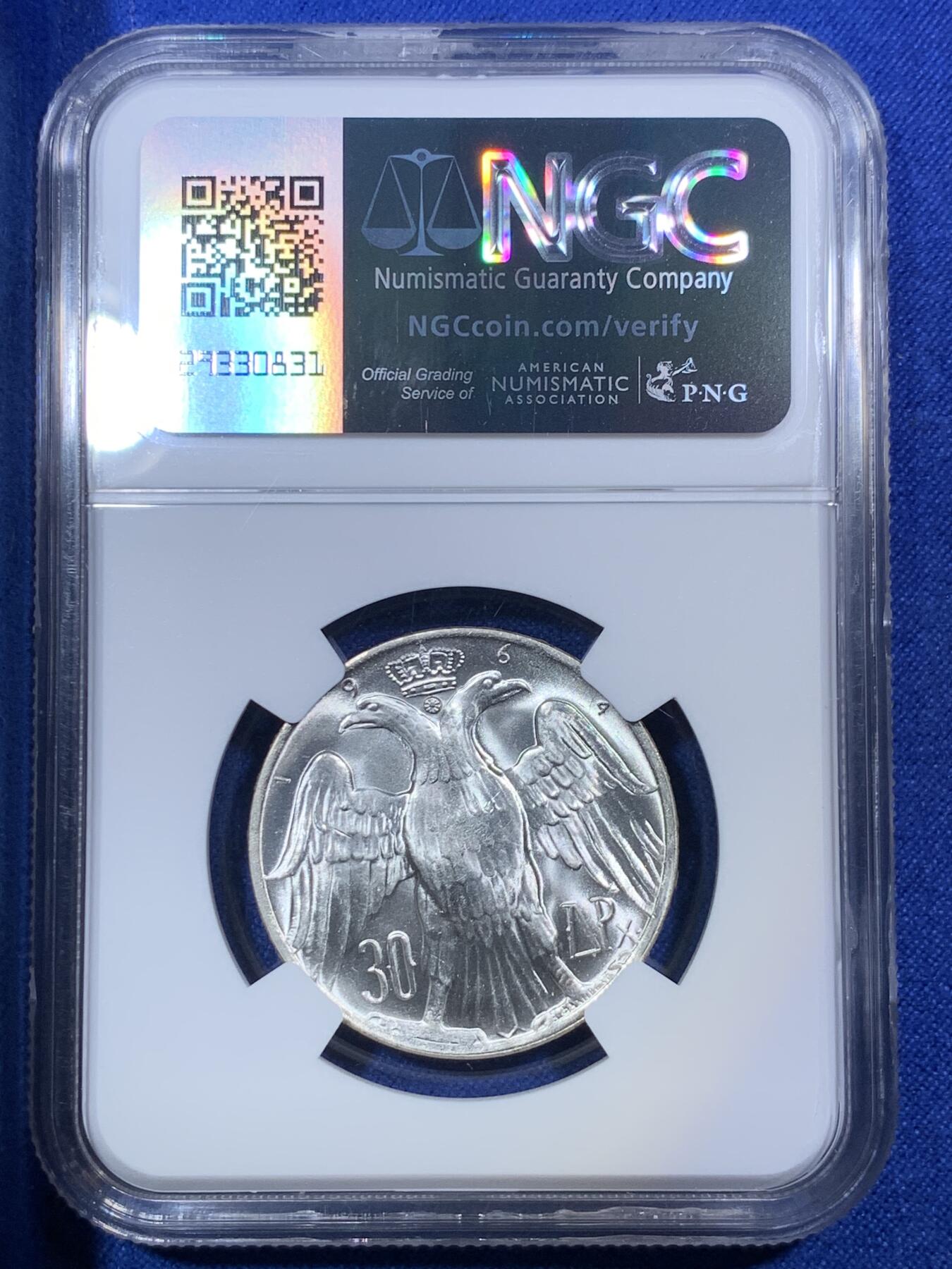 《竞宝斋》第288场-周六， 周日，周一 3场连拍 （全场包邮） NGC MS65 希腊1964年康斯坦丁二世婚礼纪念30德拉克马银币，高分不易