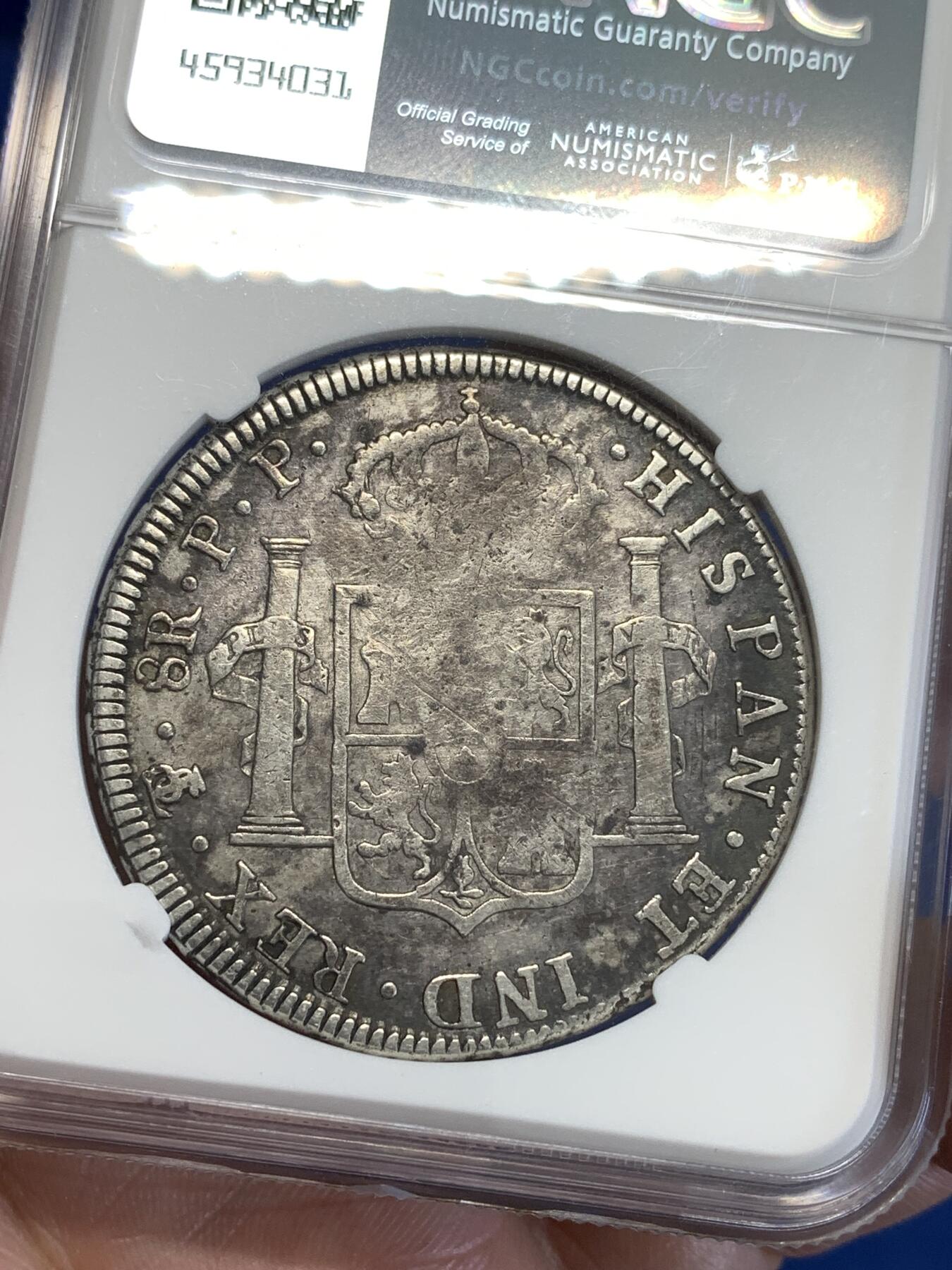 《竞宝斋》第288场-周六， 周日，周一 3场连拍 （全场包邮） NGC VFD 玻利维亚1795年卡四双柱 大直径 无戳美品