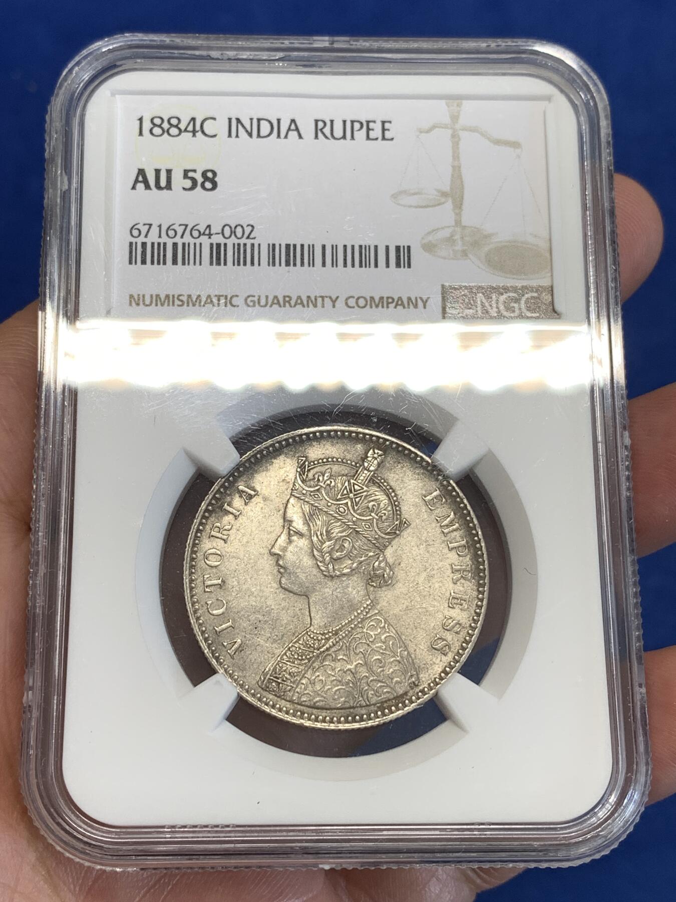 《竞宝斋》第288场-周六， 周日，周一 3场连拍 （全场包邮） NGC AU58 英属印度 1884C 1卢比 银币   低评