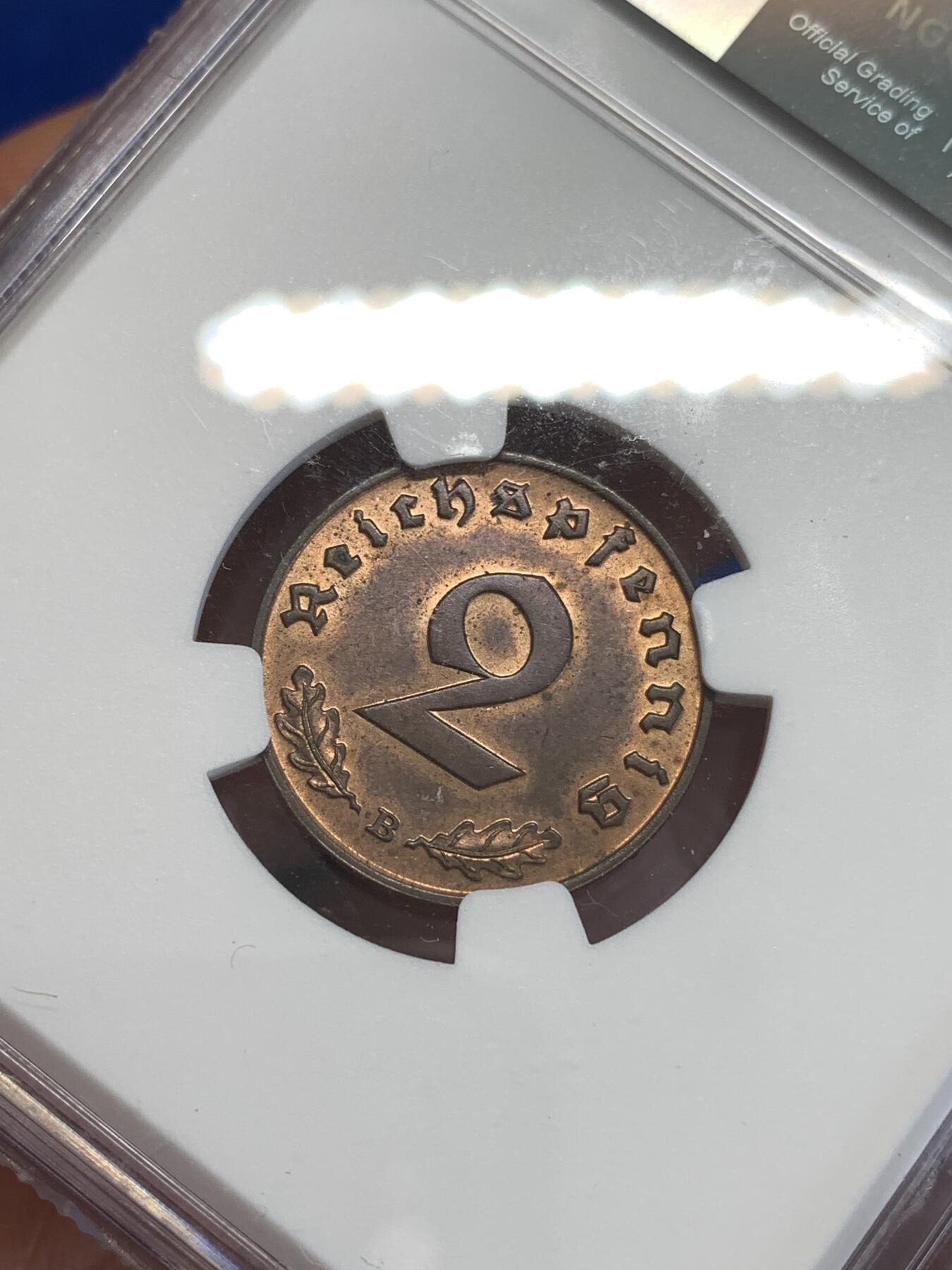 《竞宝斋》第288场-周六， 周日，周一 3场连拍 （全场包邮） NGC MS63RB 1939B德意志第三帝国2芬尼铜币