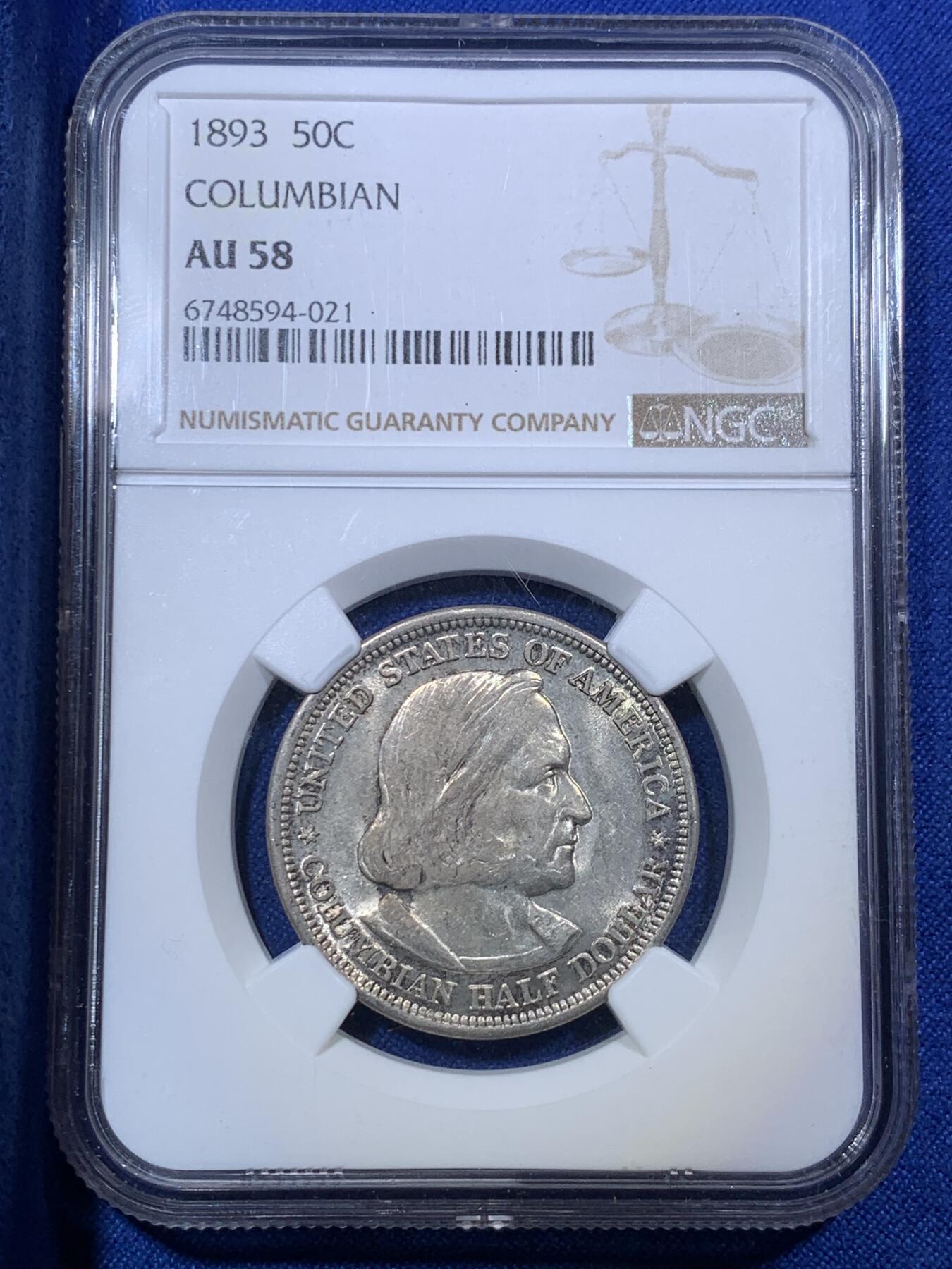 《竞宝斋》第288场-周六， 周日，周一 3场连拍 （全场包邮） NGC AU58 美国 1893 哥伦布 半美元银币 芝加哥世博会纪念币 光度不错