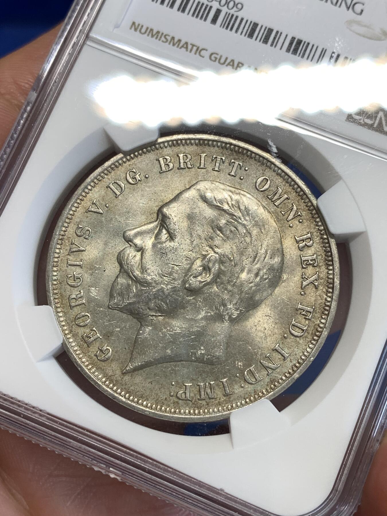 《竞宝斋》第288场-周六， 周日，周一 3场连拍 （全场包邮） NGC MS62 英国1935年乔治五世木马剑1克朗银币