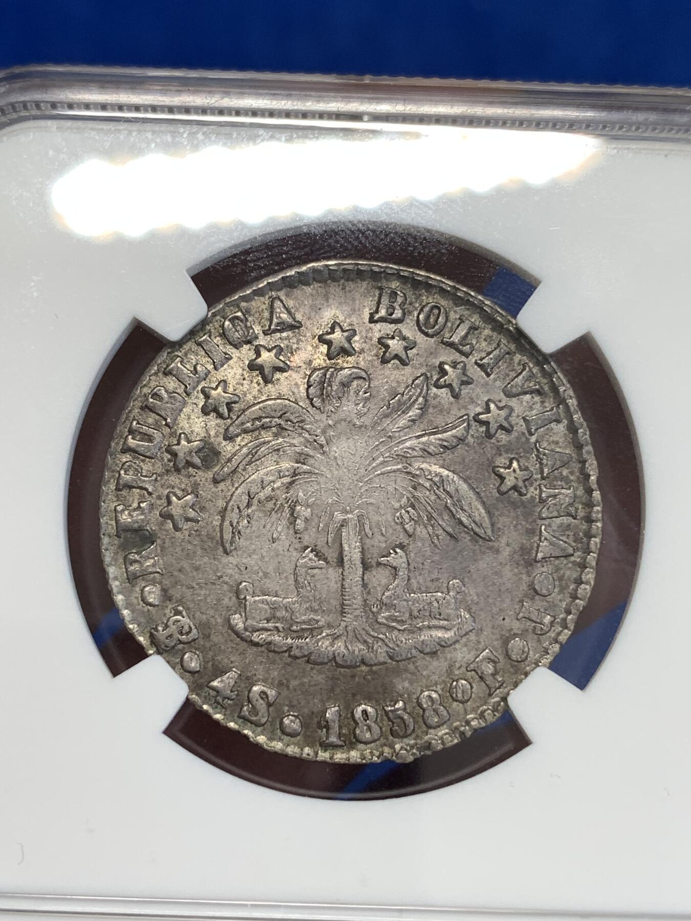 《竞宝斋》第288场-周六， 周日，周一 3场连拍 （全场包邮） NGC AUD 玻利维亚1858年羊驼4索尔银币 细节近乎完美 高点无磨损 原状态未清洗 严评无分