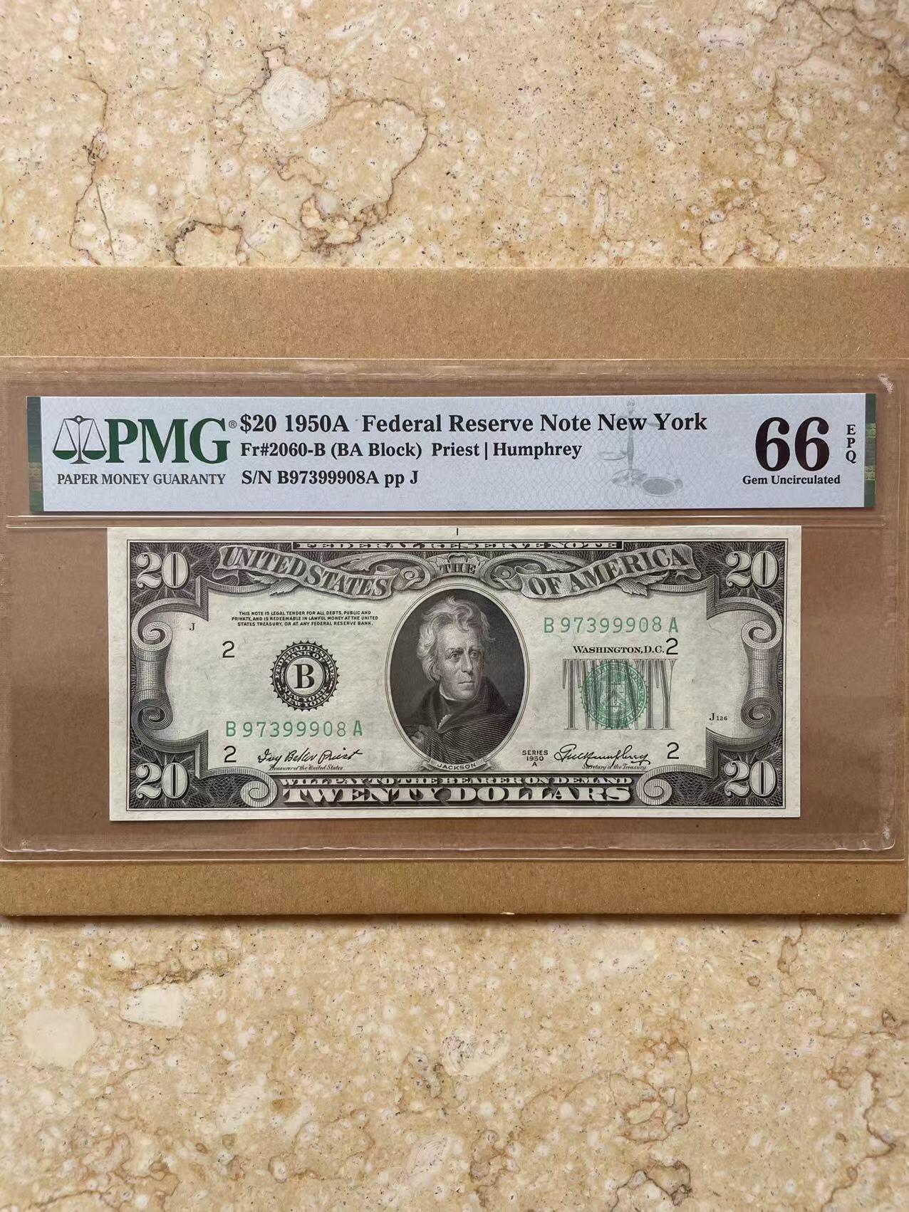 Chase Auction 第30期 - - 外钞、民国钞和人民币混合场！ 美国1950年a版小头20美元无4尾8，pmg66分(28 34 50三个年份人像雕刻油墨都比后期小头漂亮的多)