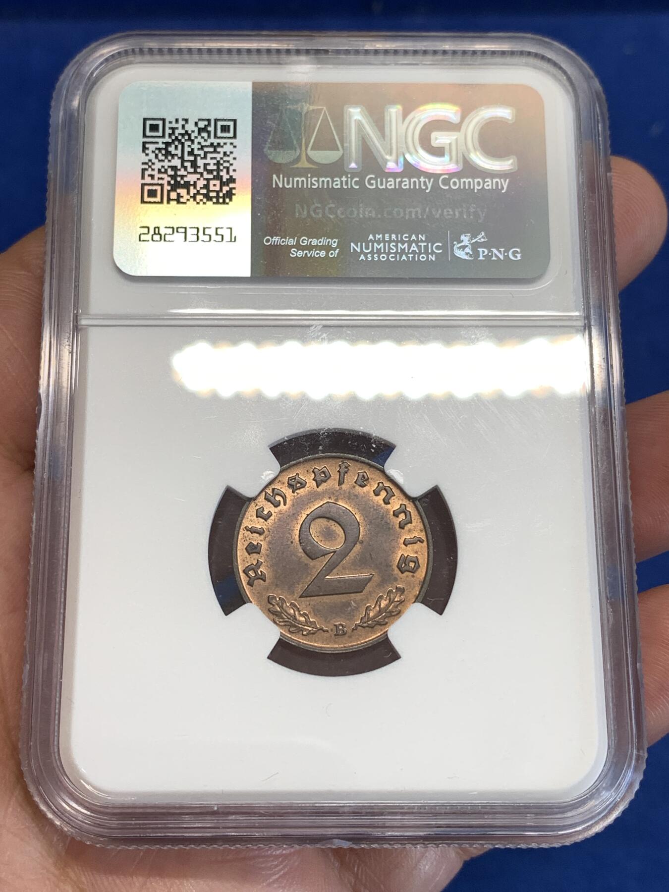 《竞宝斋》第288场-周六， 周日，周一 3场连拍 （全场包邮） NGC MS63RB 1939B德意志第三帝国2芬尼铜币