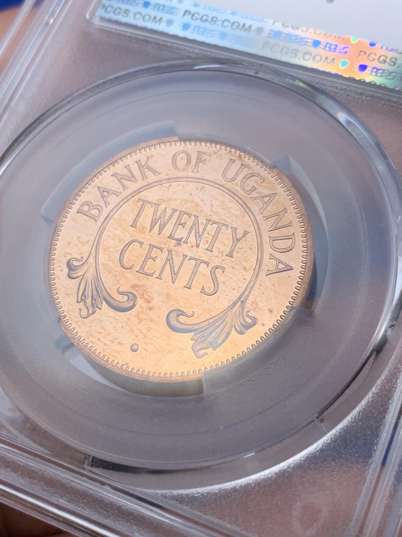 《竞宝斋》第288场-周六， 周日，周一 3场连拍 （全场包邮） PCGS金盾 PR66RD CAM 乌干达1966年首年20分精制铜币