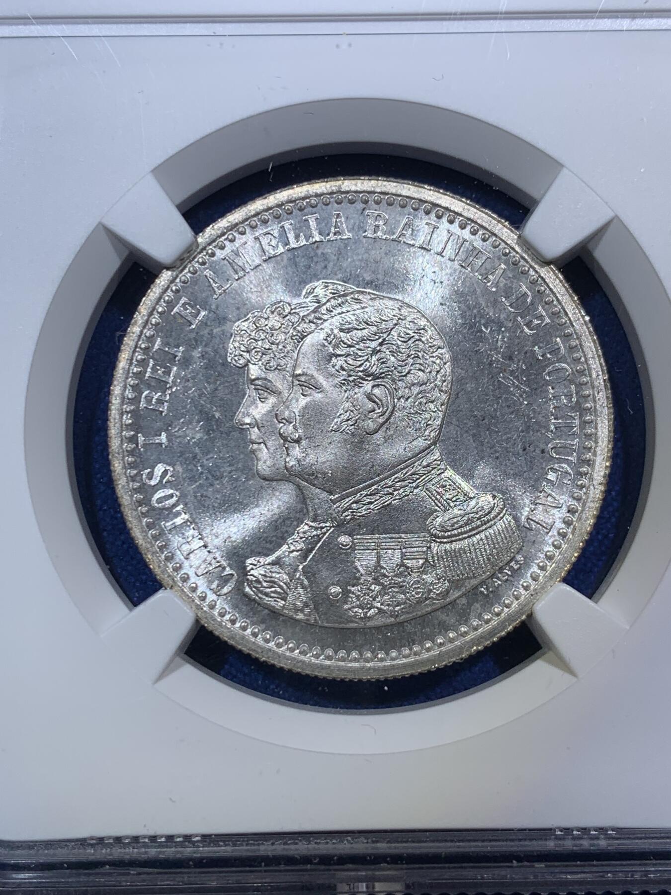 《竞宝斋》第288场-周六， 周日，周一 3场连拍 （全场包邮） NGC MS63 葡萄牙1898年发现印度500R银币