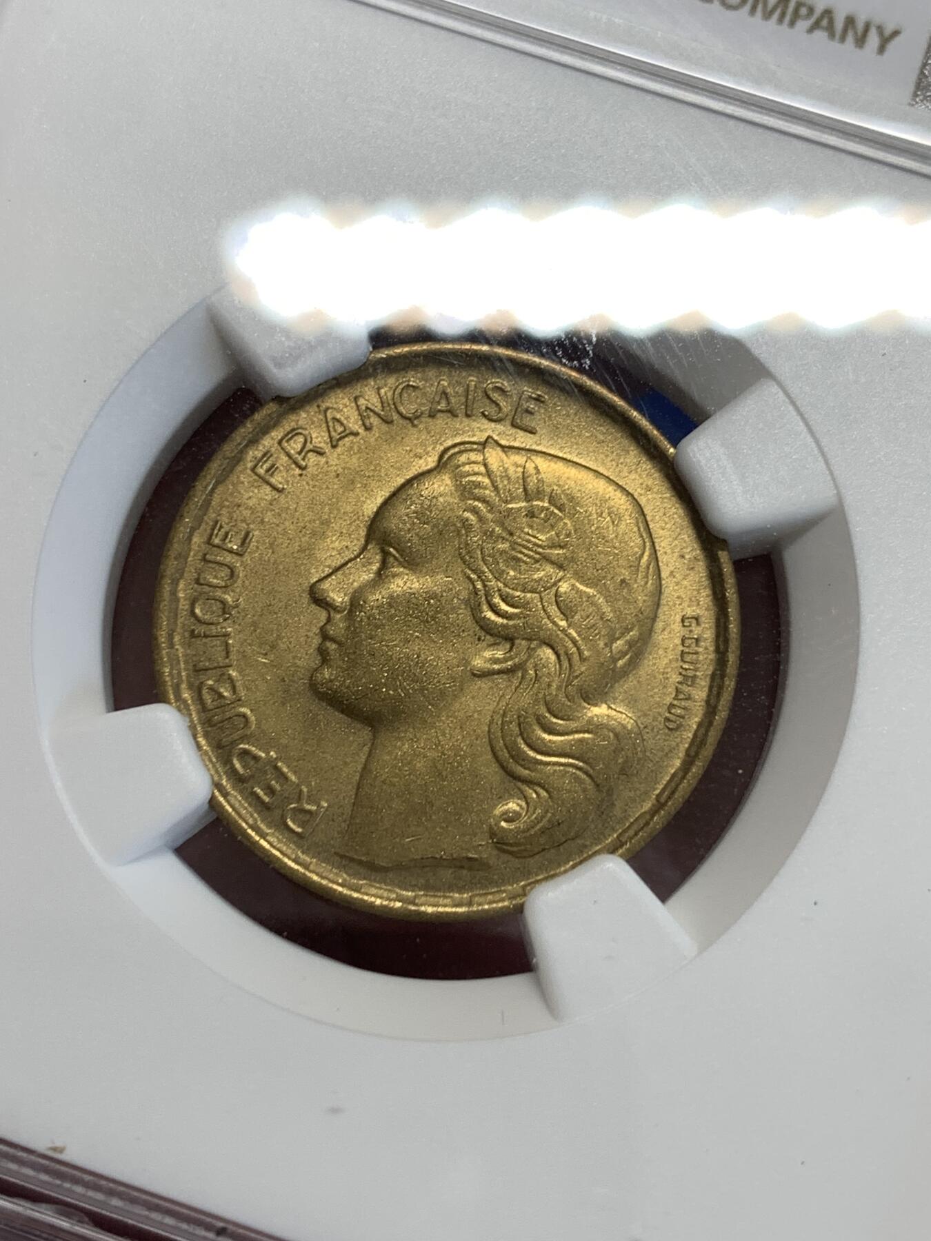 《竞宝斋》第288场-周六， 周日，周一 3场连拍 （全场包邮） NGC MS64 法国第四共和国时期1951女神20法郎铜币