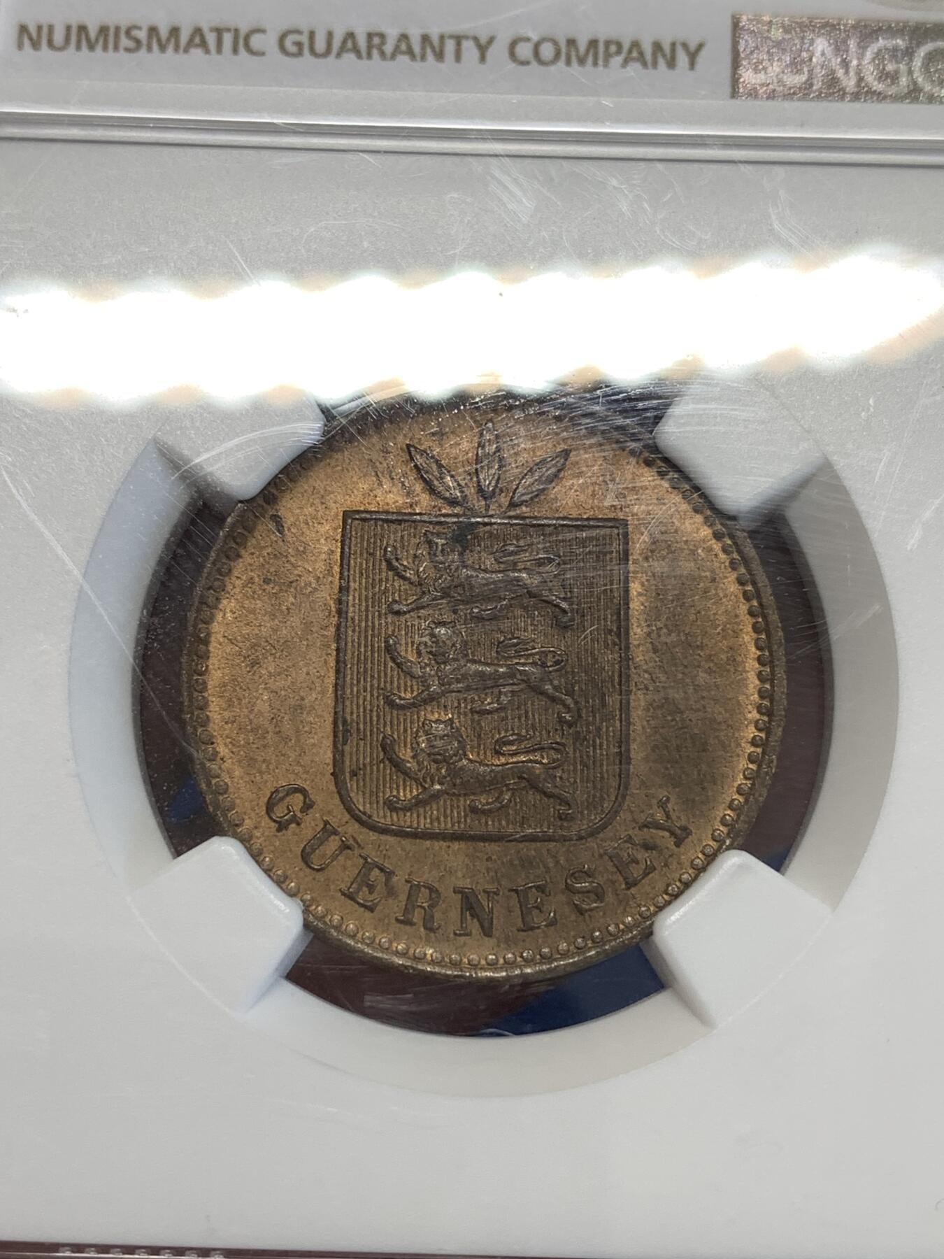 《竞宝斋》第288场-周六， 周日，周一 3场连拍 （全场包邮） NGC MS64RB 英属根西1903年4道布铜币 铜光醇厚 打制深峻 冠军分