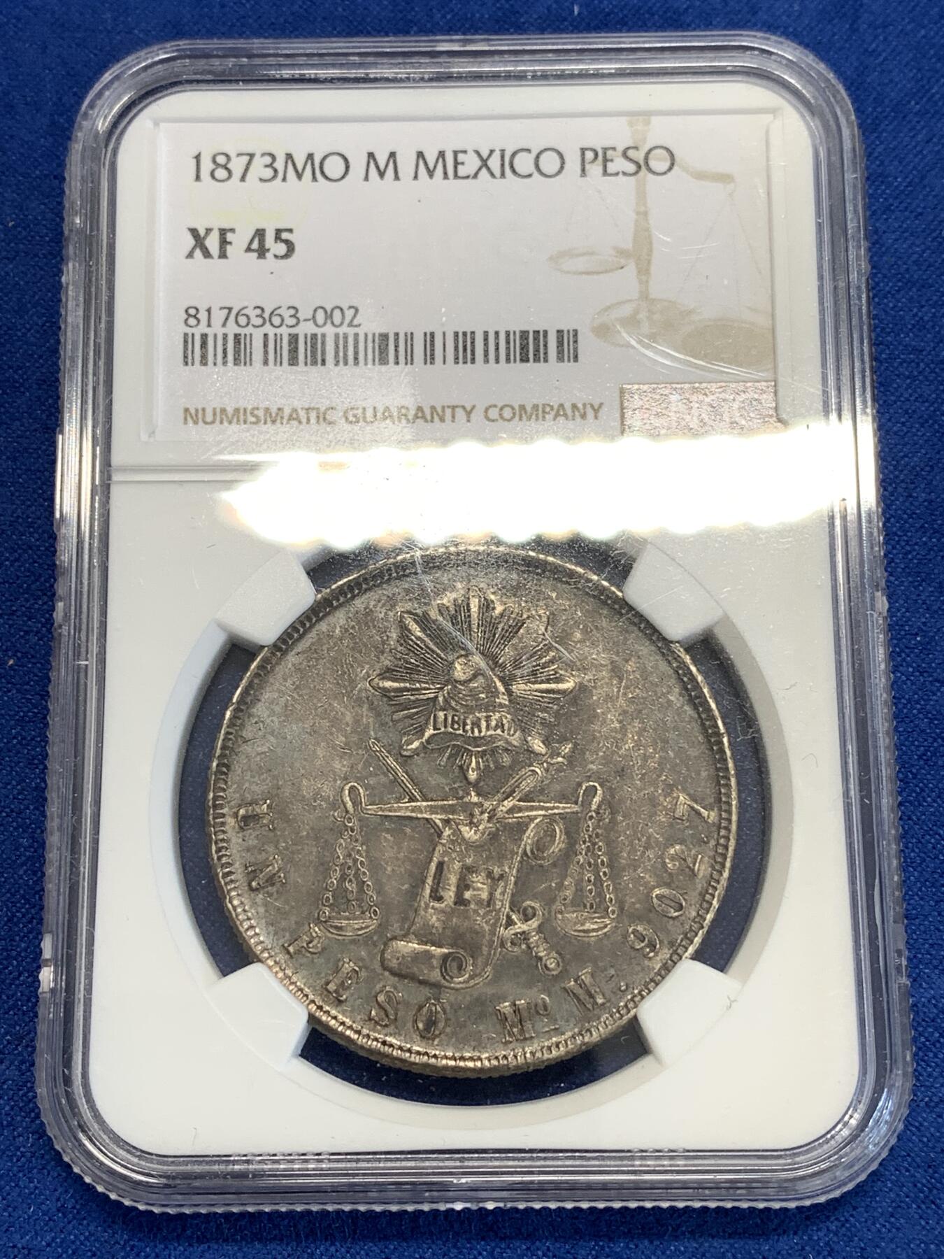 《竞宝斋》第288场-周六， 周日，周一 3场连拍 （全场包邮） NGC XF45 1873年墨西哥天平鹰洋 比较少见的年份，包浆完美，高点磨损也不多，给XF45实在是低评了